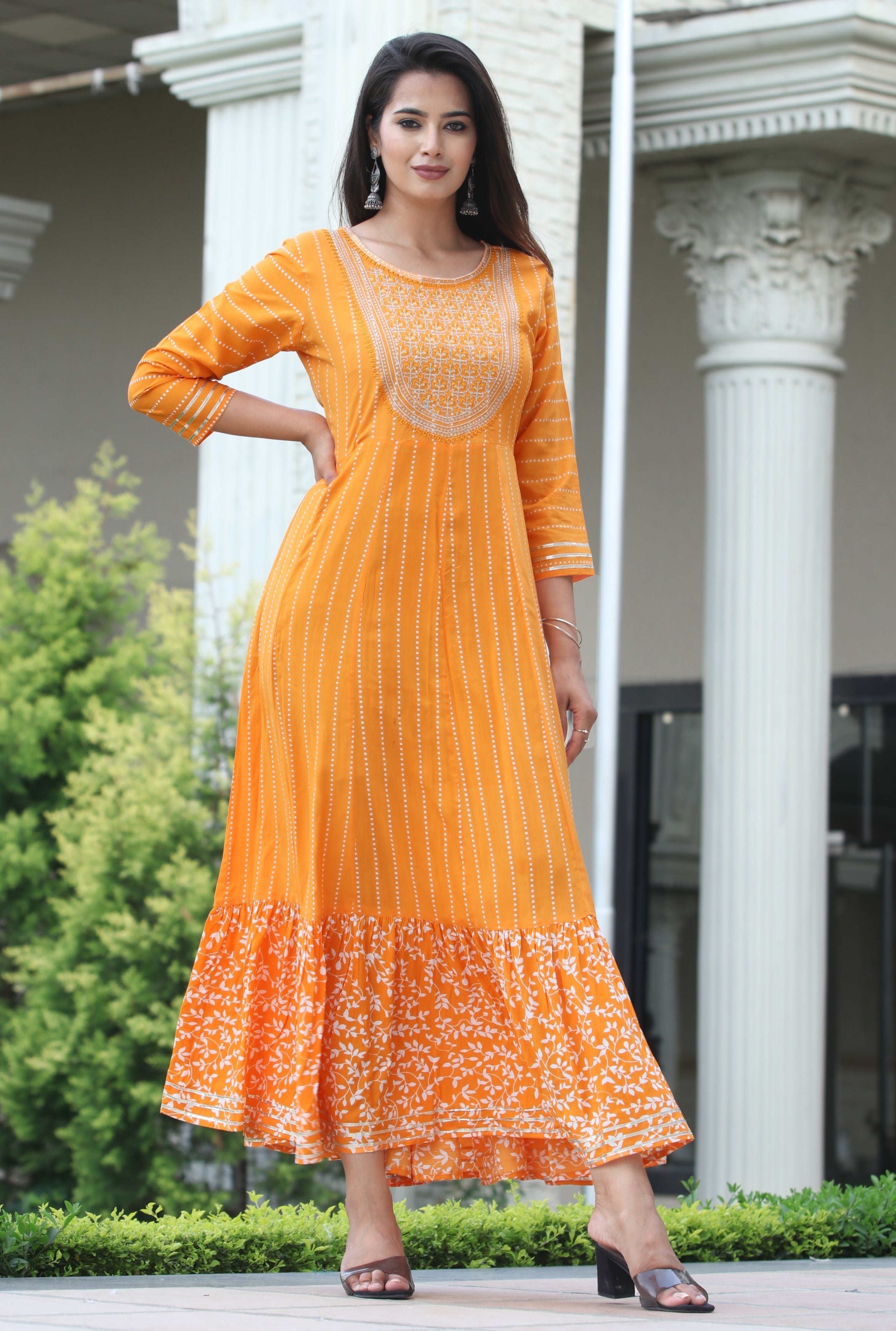 VOJ Women's Orange Rayon Floral Embroidered & Printed Tiered Anarkali Kurta