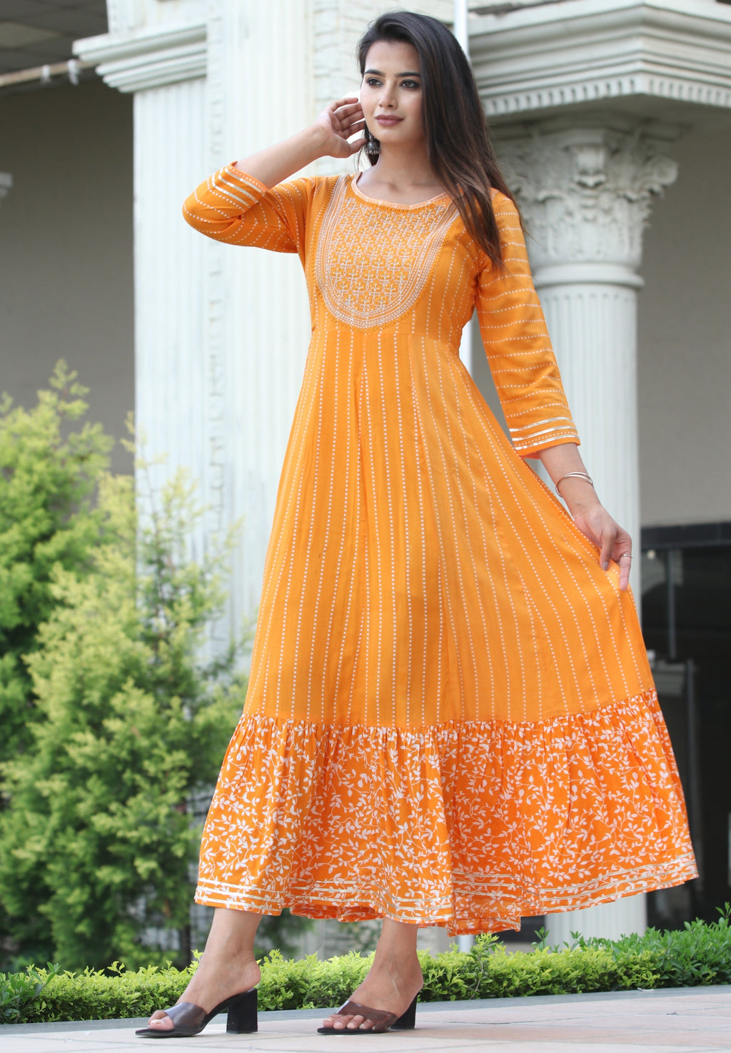 VOJ Women's Orange Rayon Floral Embroidered & Printed Tiered Anarkali Kurta