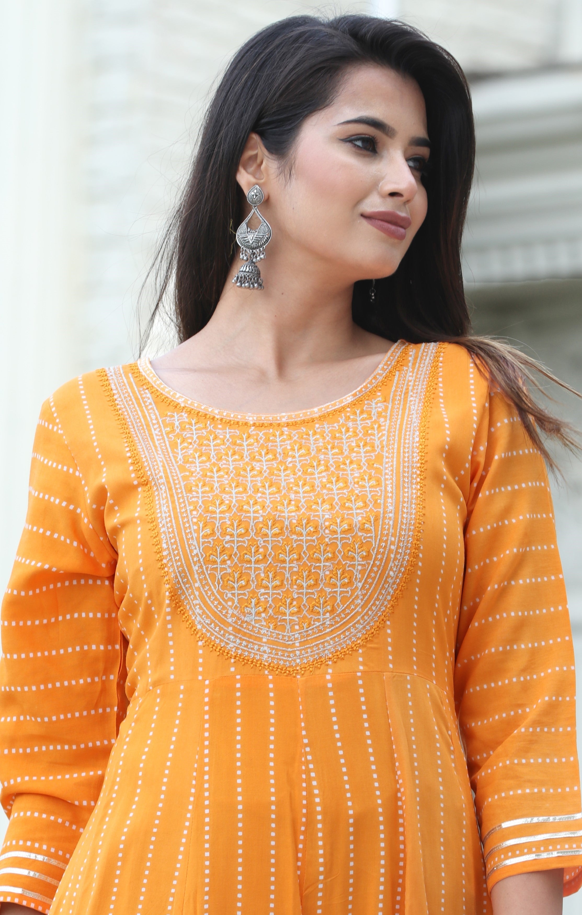VOJ Women's Orange Rayon Floral Embroidered & Printed Tiered Anarkali Kurta