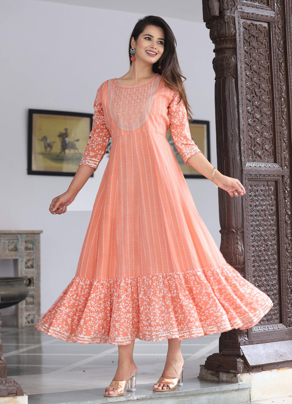VOJ Women's Peach Rayon Floral Embroidered & Printed Tiered Anarkali Kurta