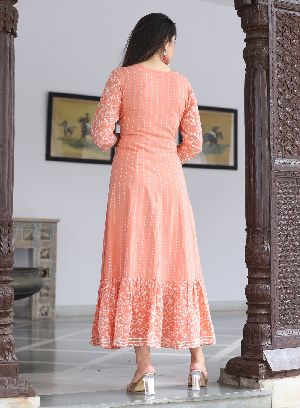 VOJ Women's Peach Rayon Floral Embroidered & Printed Tiered Anarkali Kurta