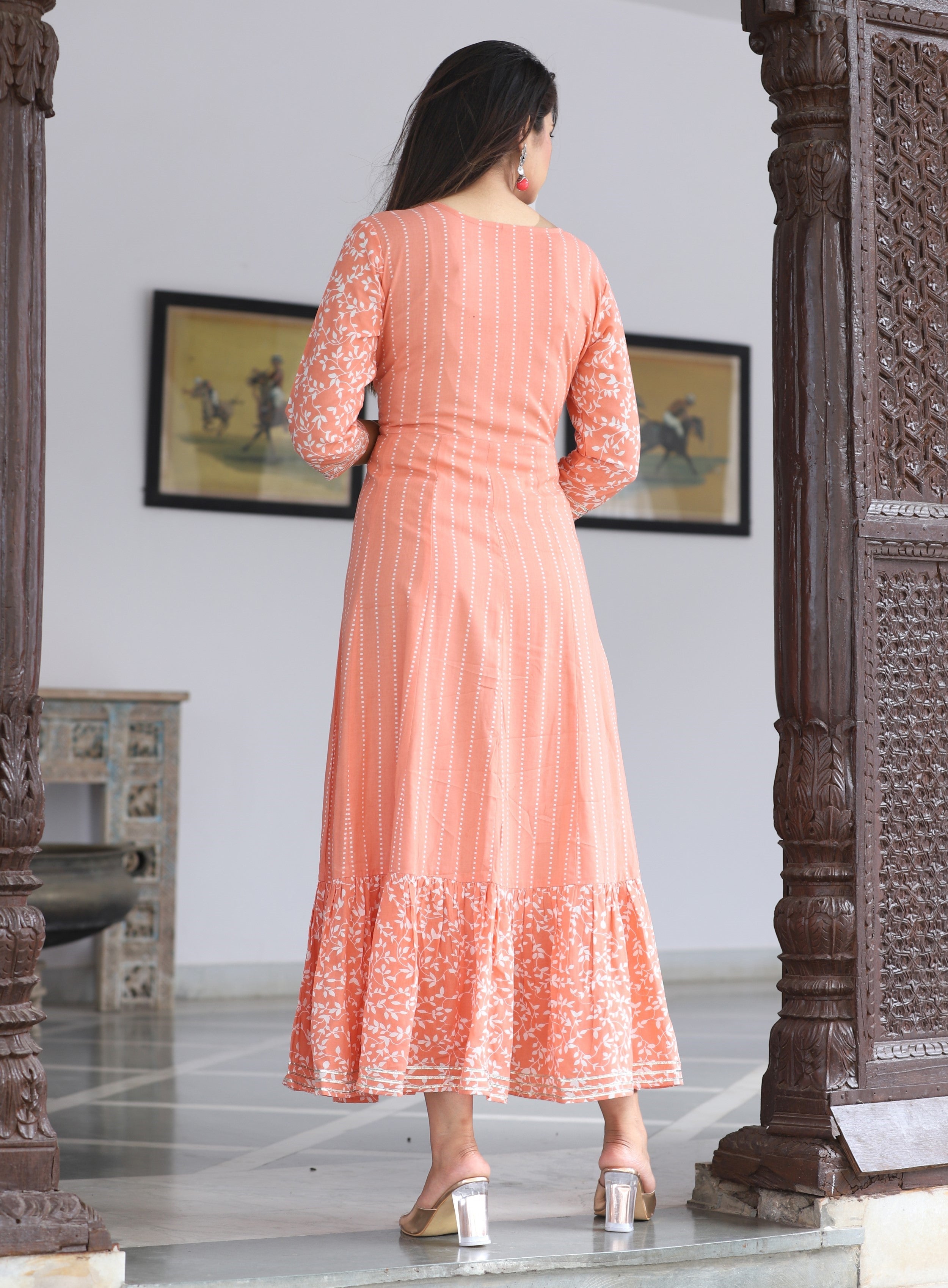 VOJ Women's Peach Rayon Floral Embroidered & Printed Tiered Anarkali Kurta