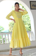 VOJ Women's Yellow Rayon Floral Embroidered & Printed Tiered Anarkali Kurta