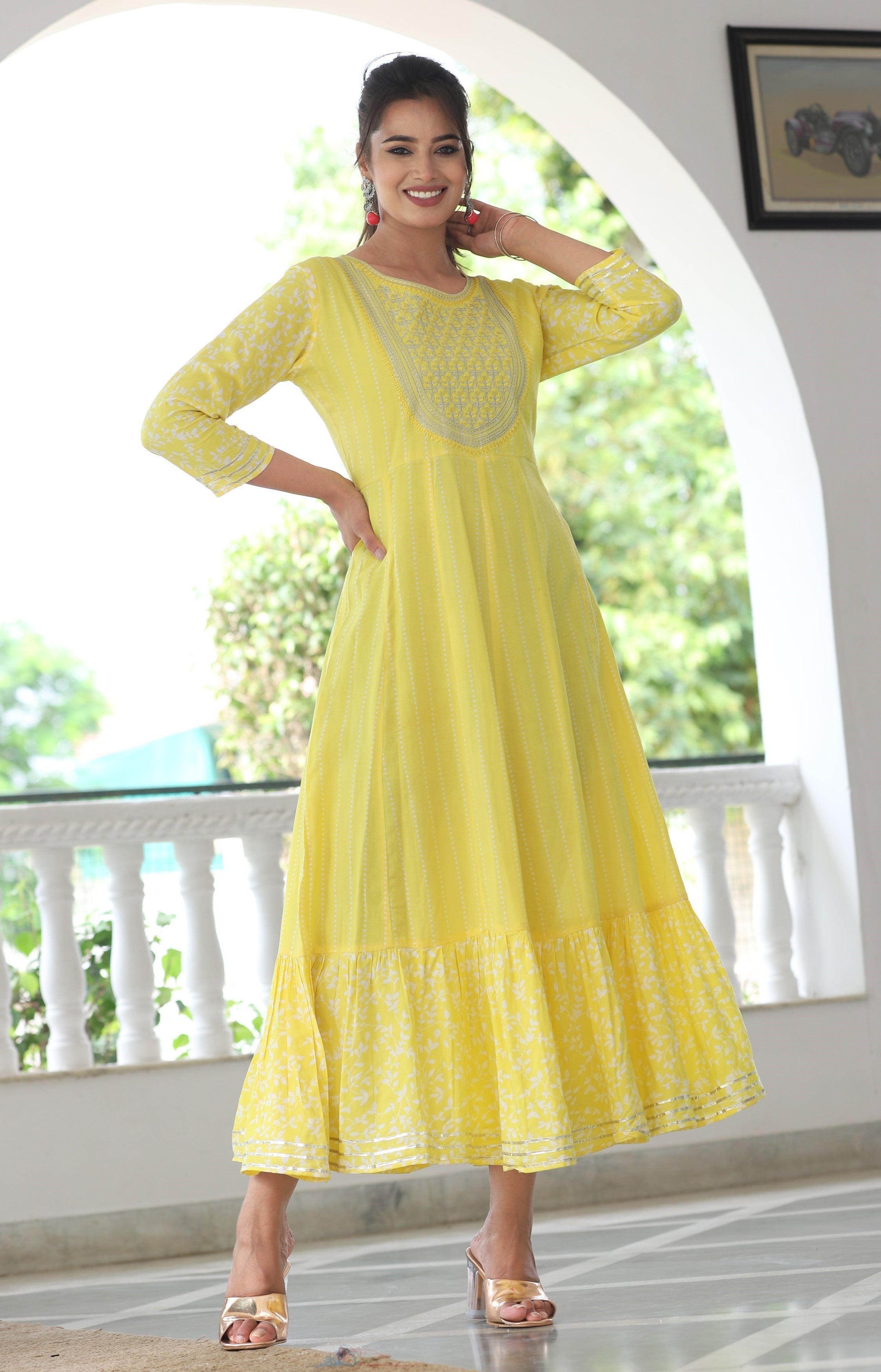 VOJ Women's Yellow Rayon Floral Embroidered & Printed Tiered Anarkali Kurta