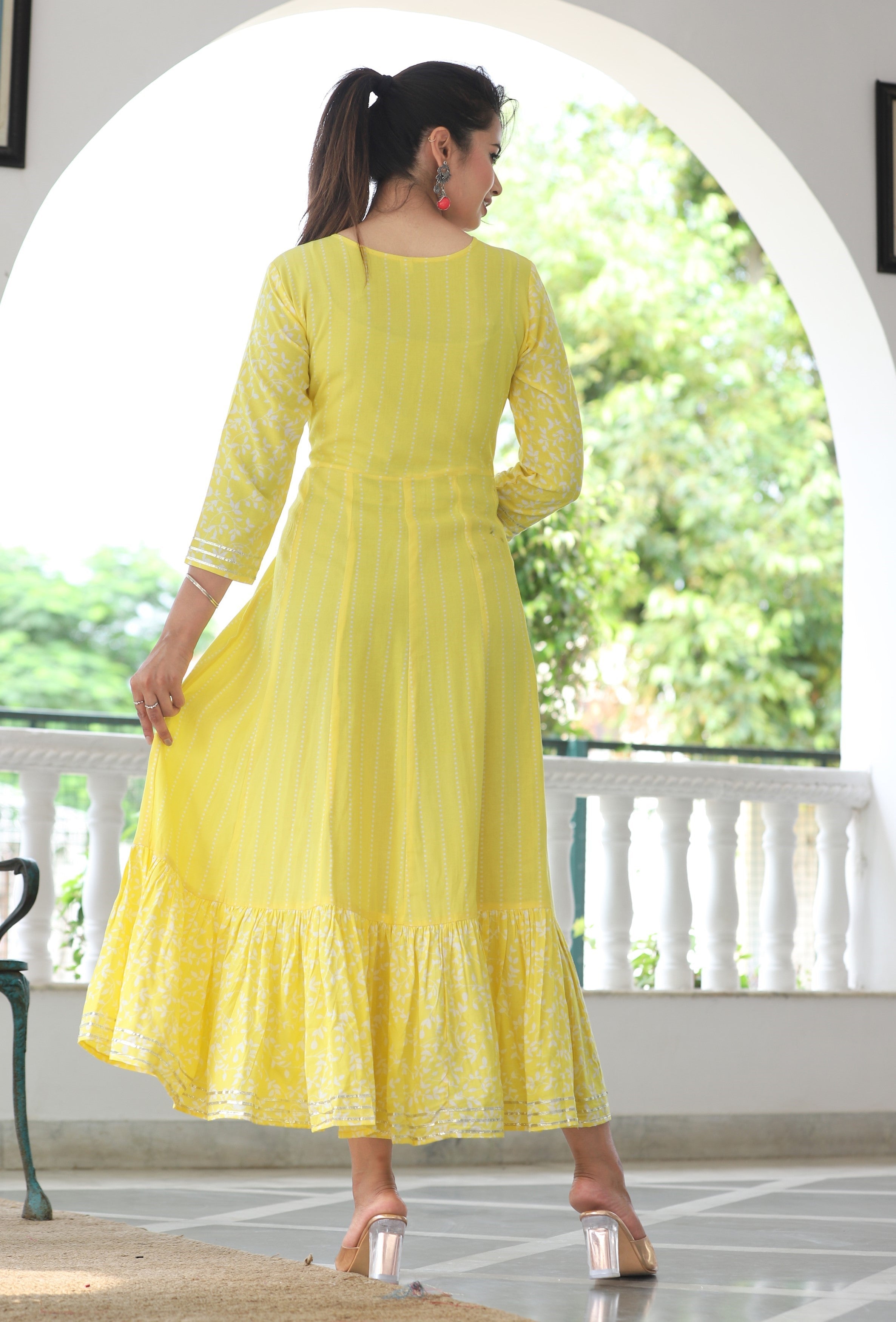 VOJ Women's Yellow Rayon Floral Embroidered & Printed Tiered Anarkali Kurta