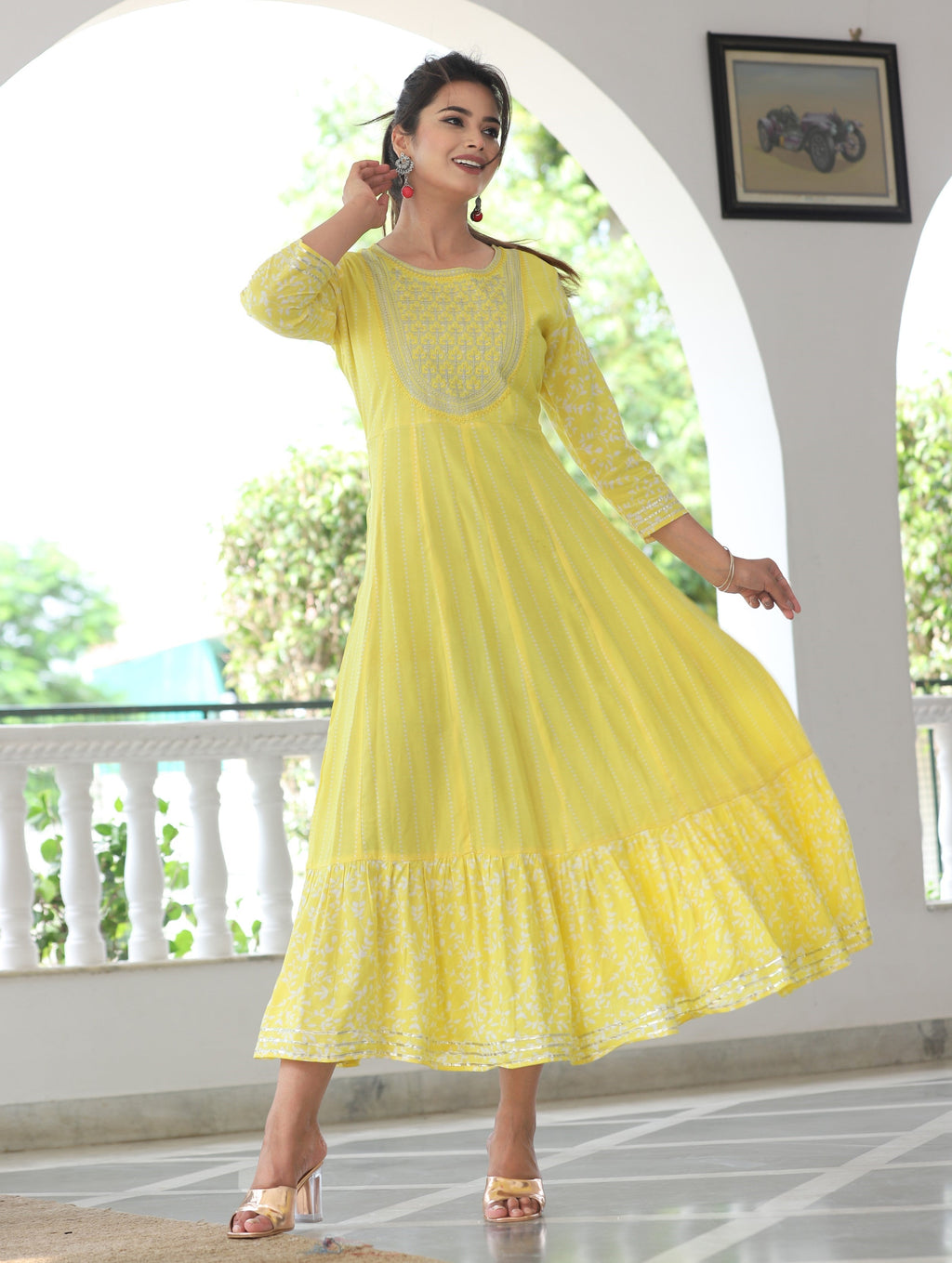 VOJ Women's Yellow Rayon Floral Embroidered & Printed Tiered Anarkali Kurta