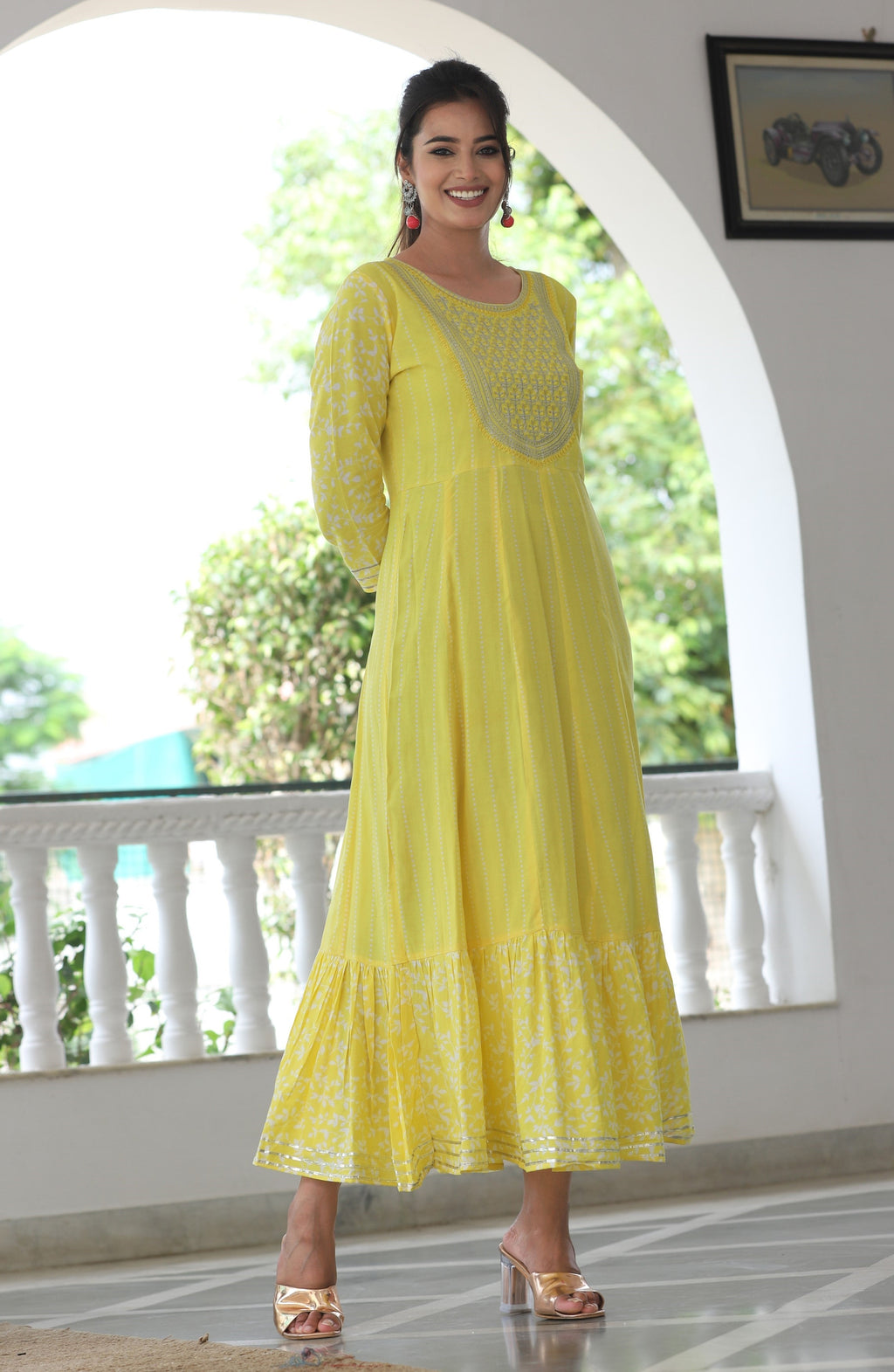 VOJ Women's Yellow Rayon Floral Embroidered & Printed Tiered Anarkali Kurta