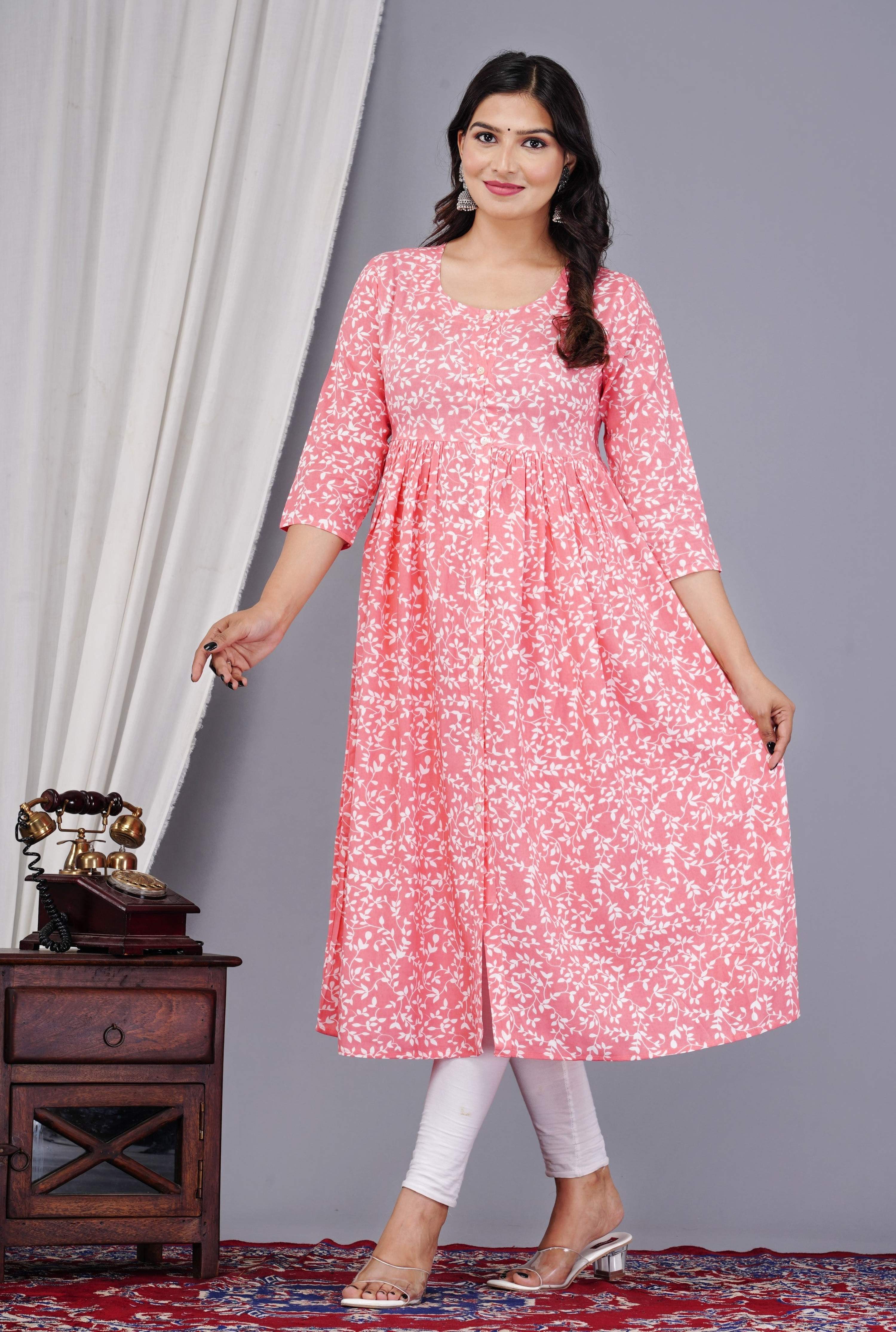 VOJ Women's Babypink Rayon Floral Printed Frontsilt Anarkali Kurta