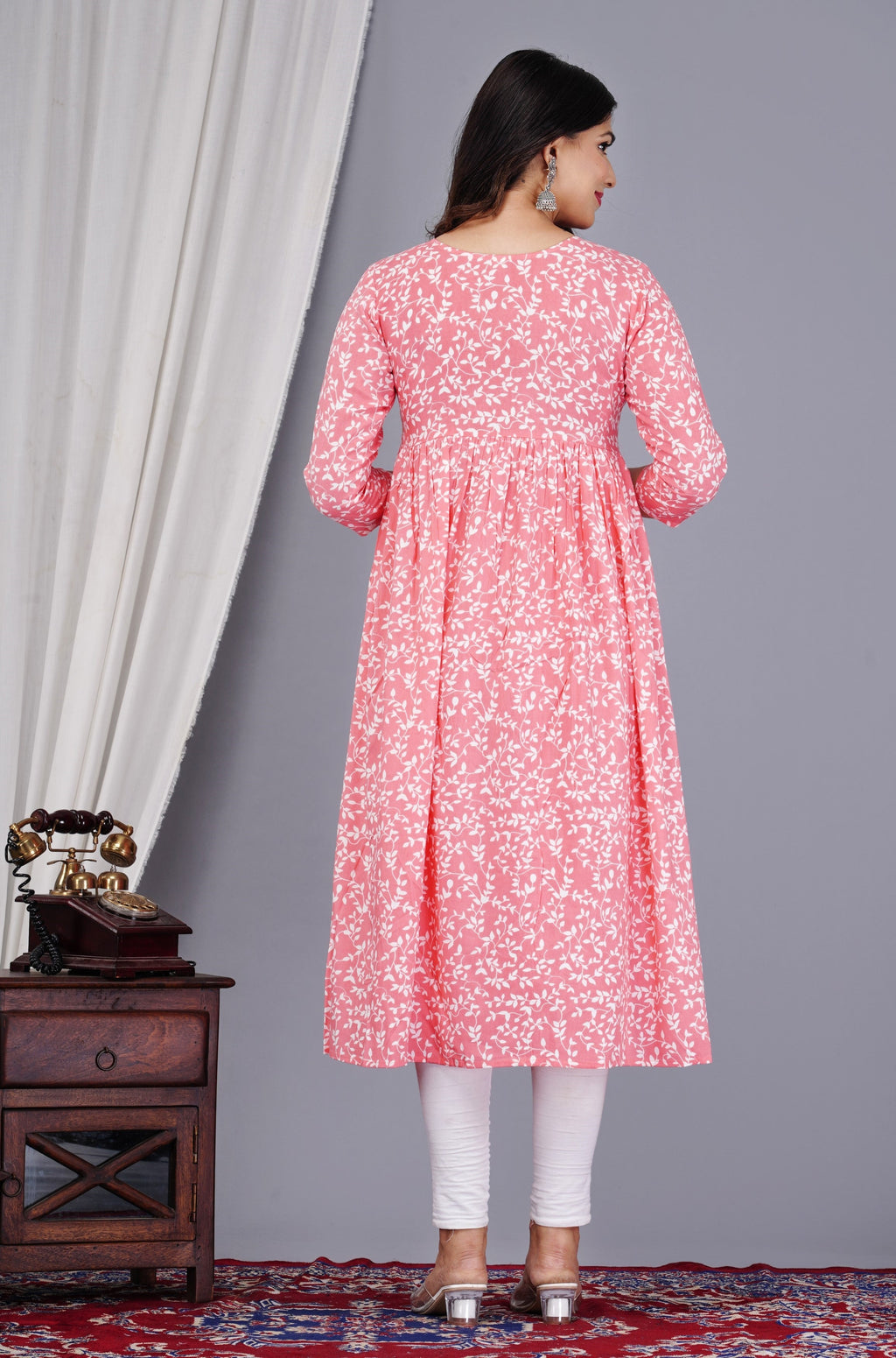 VOJ Women's Babypink Rayon Floral Printed Frontsilt Anarkali Kurta