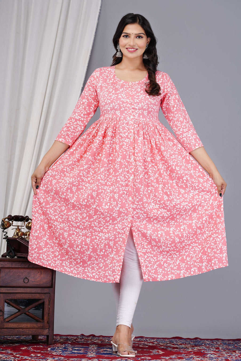 VOJ Women's Babypink Rayon Floral Printed Frontsilt Anarkali Kurta