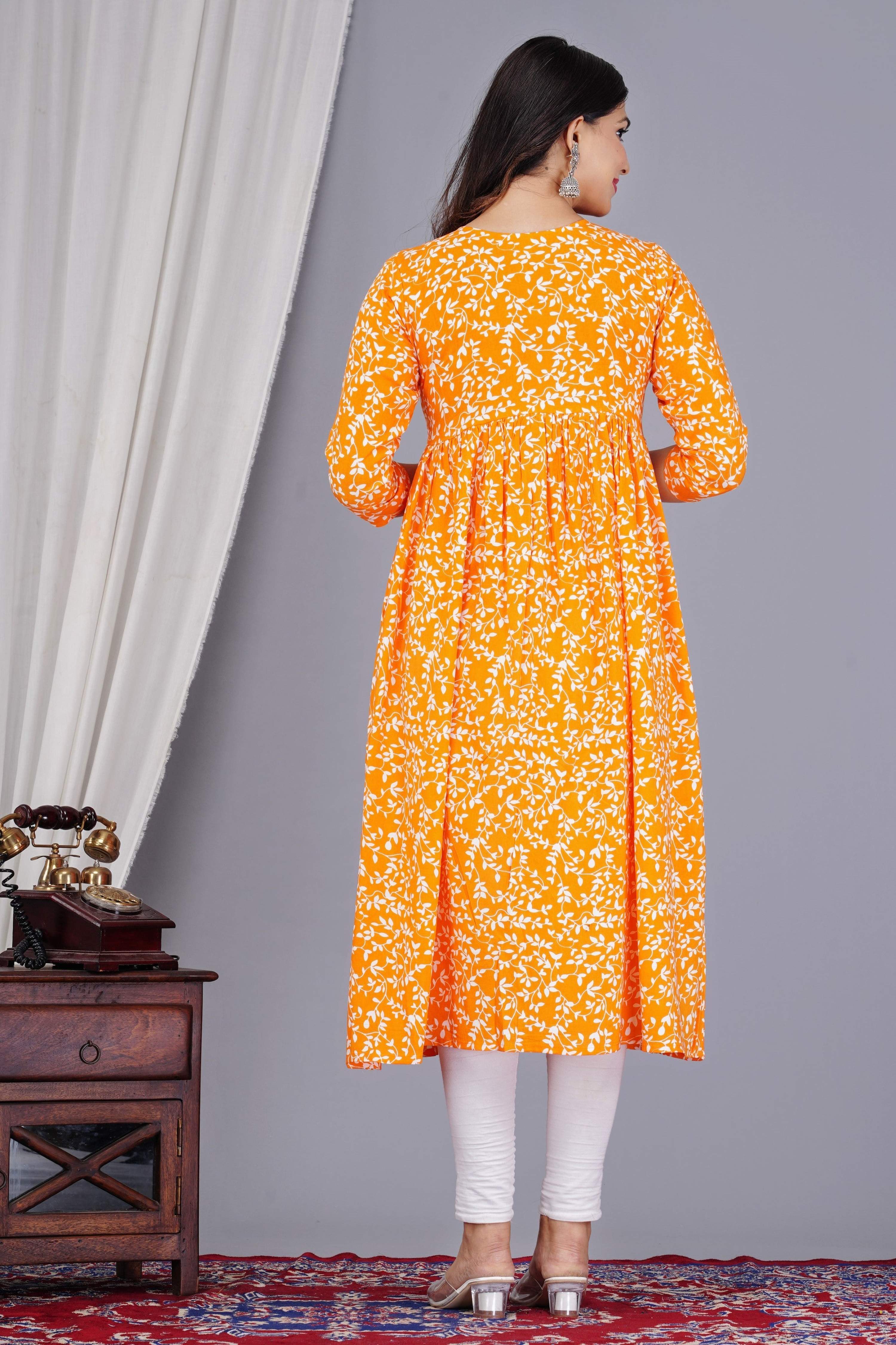 VOJ Women's Orange Rayon Floral Printed Frontsilt Anarkali Kurta