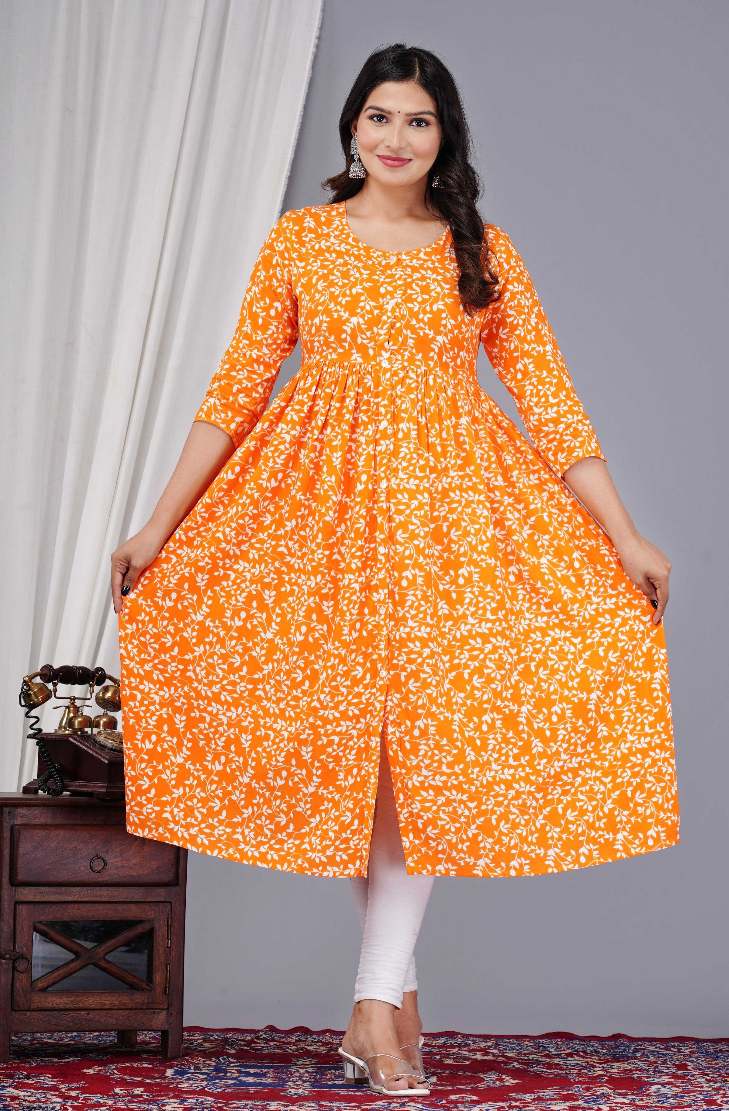 VOJ Women's Orange Rayon Floral Printed Frontsilt Anarkali Kurta