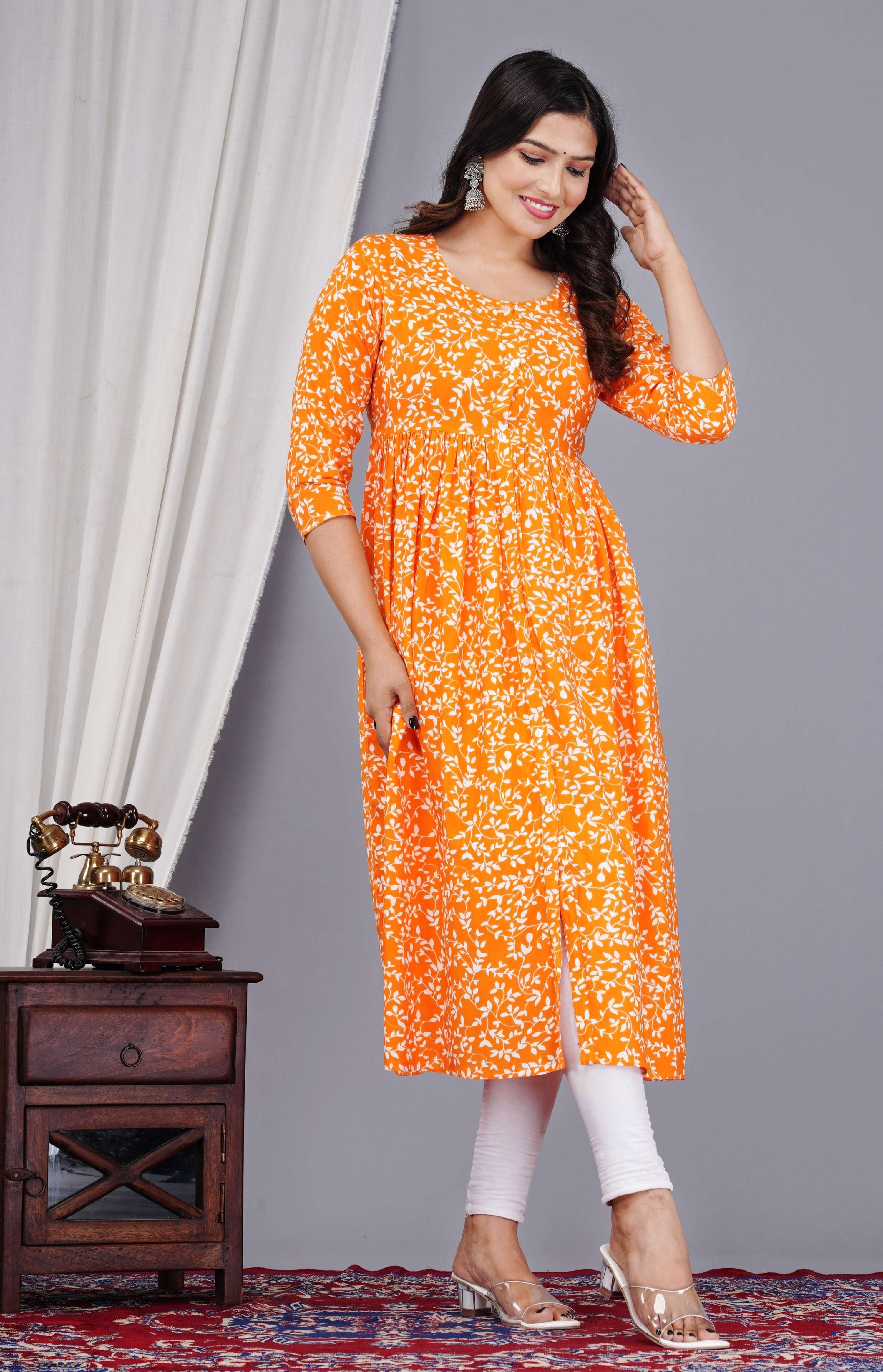 VOJ Women's Orange Rayon Floral Printed Frontsilt Anarkali Kurta
