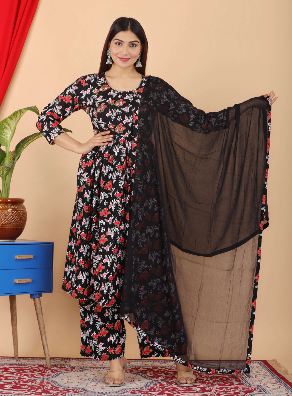VOJ Women's Black Rayon Floral Print Kurta, Pant & Dupatta Set (Umbrella Cut)