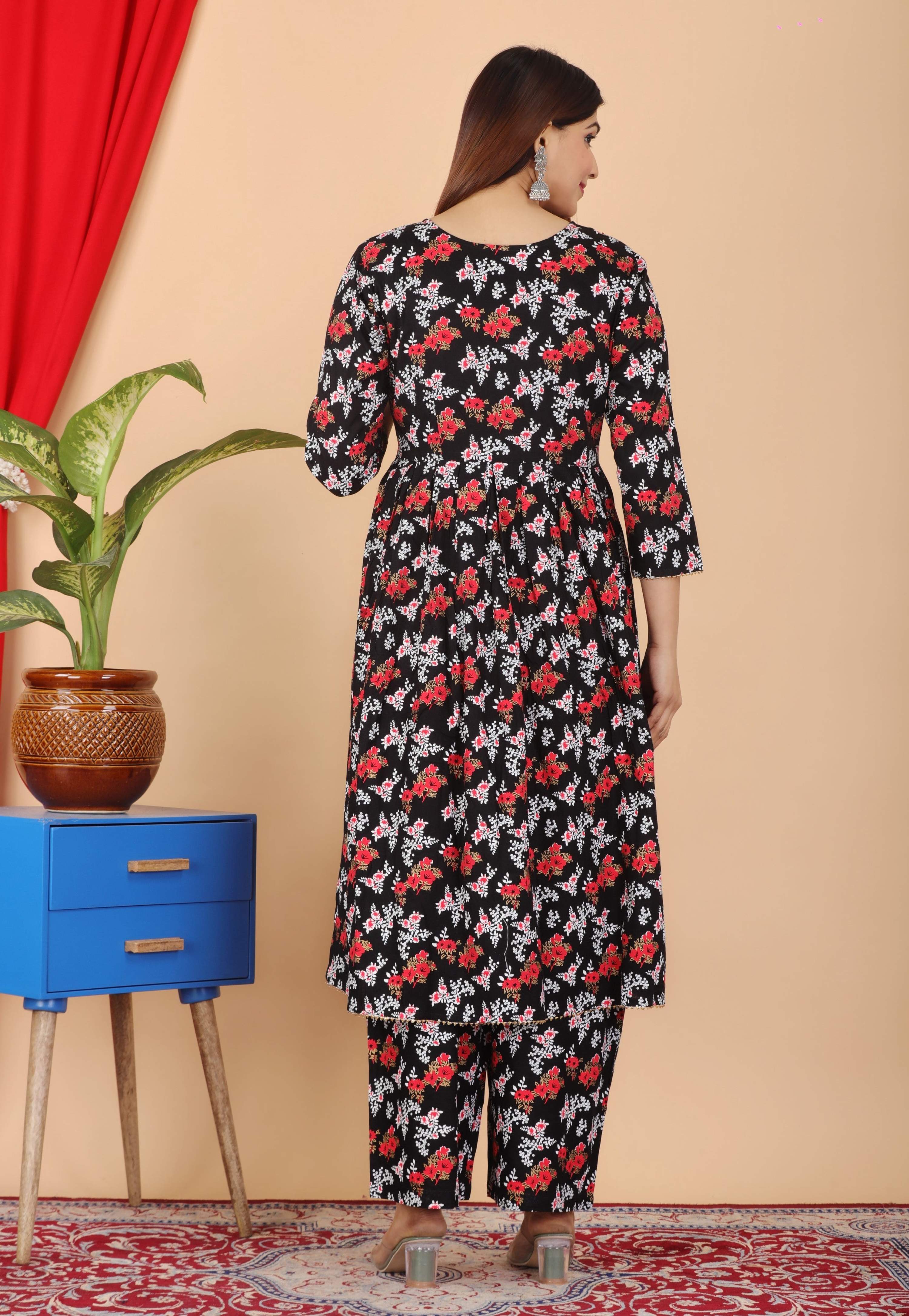 VOJ Women's Black Rayon Floral Print Kurta, Pant & Dupatta Set (Umbrella Cut)