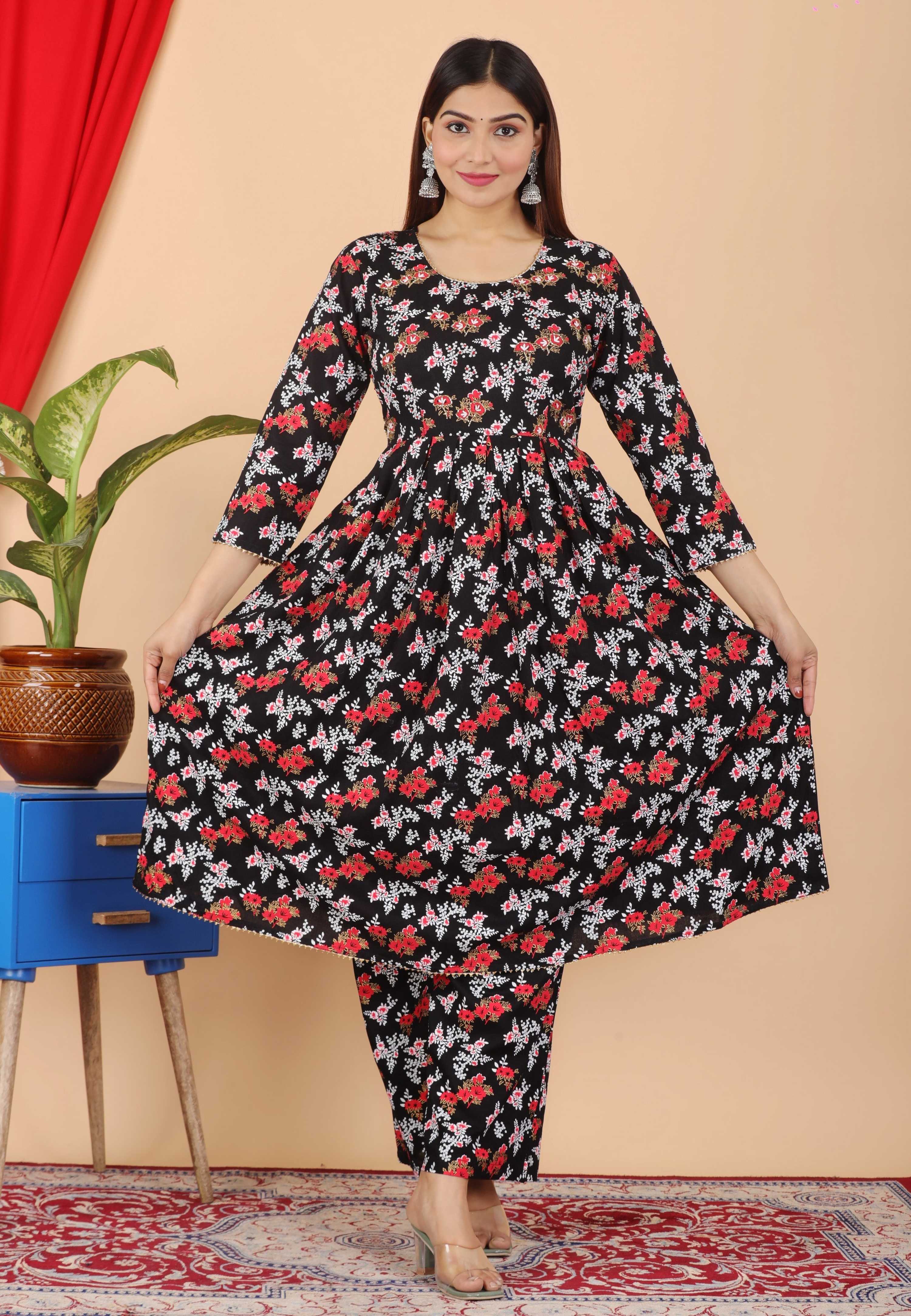 VOJ Women's Black Rayon Floral Print Kurta, Pant & Dupatta Set (Umbrella Cut)