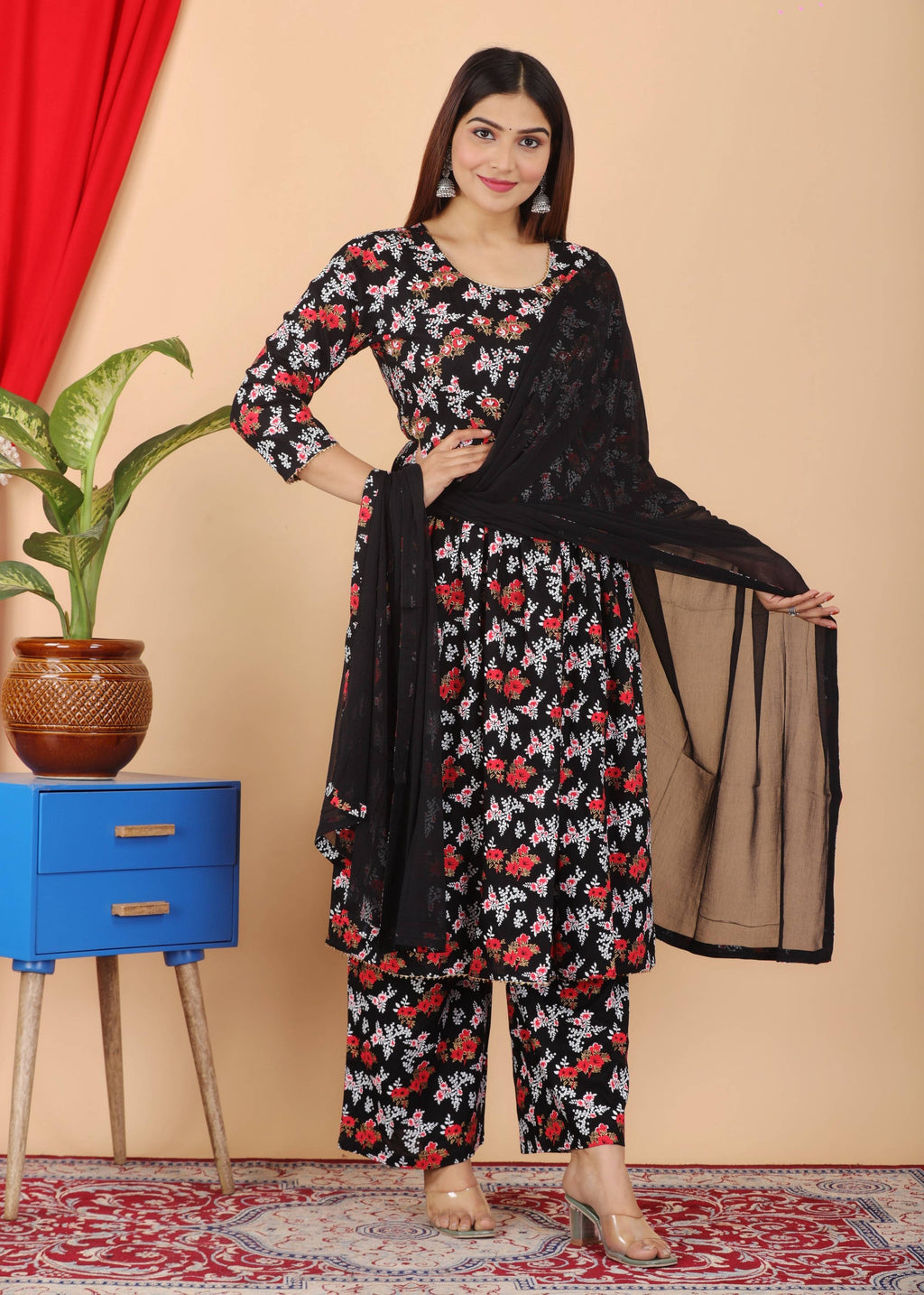 VOJ Women's Black Rayon Floral Print Kurta, Pant & Dupatta Set (Umbrella Cut)