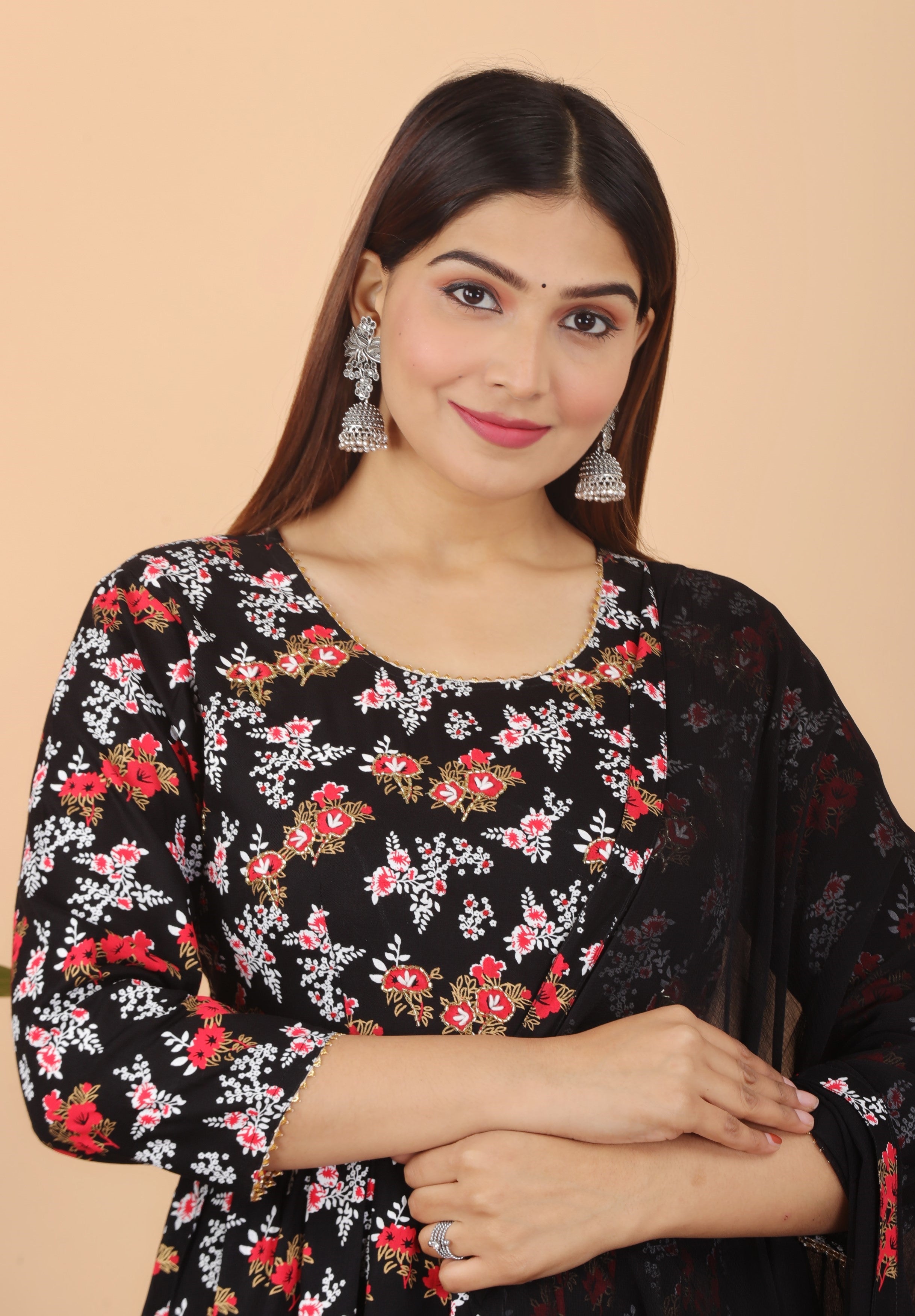 VOJ Women's Black Rayon Floral Print Kurta, Pant & Dupatta Set (Umbrella Cut)
