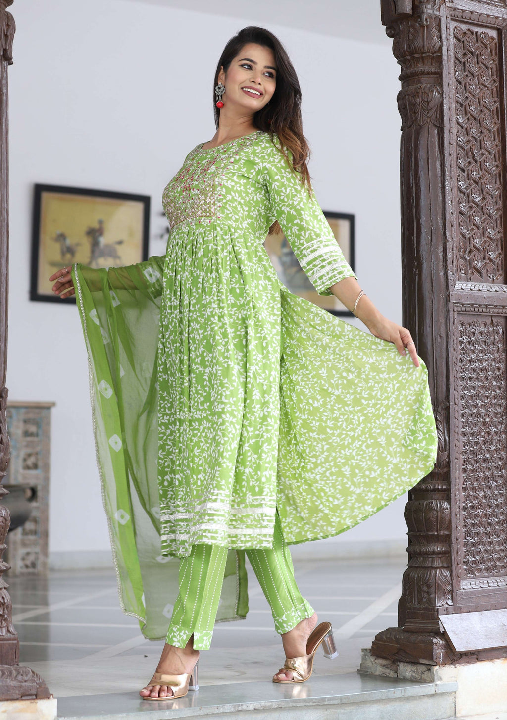 VOJ Women's Mint Rayon Embroidered Kurta Pant & Dupatta Set (Naira Cut)