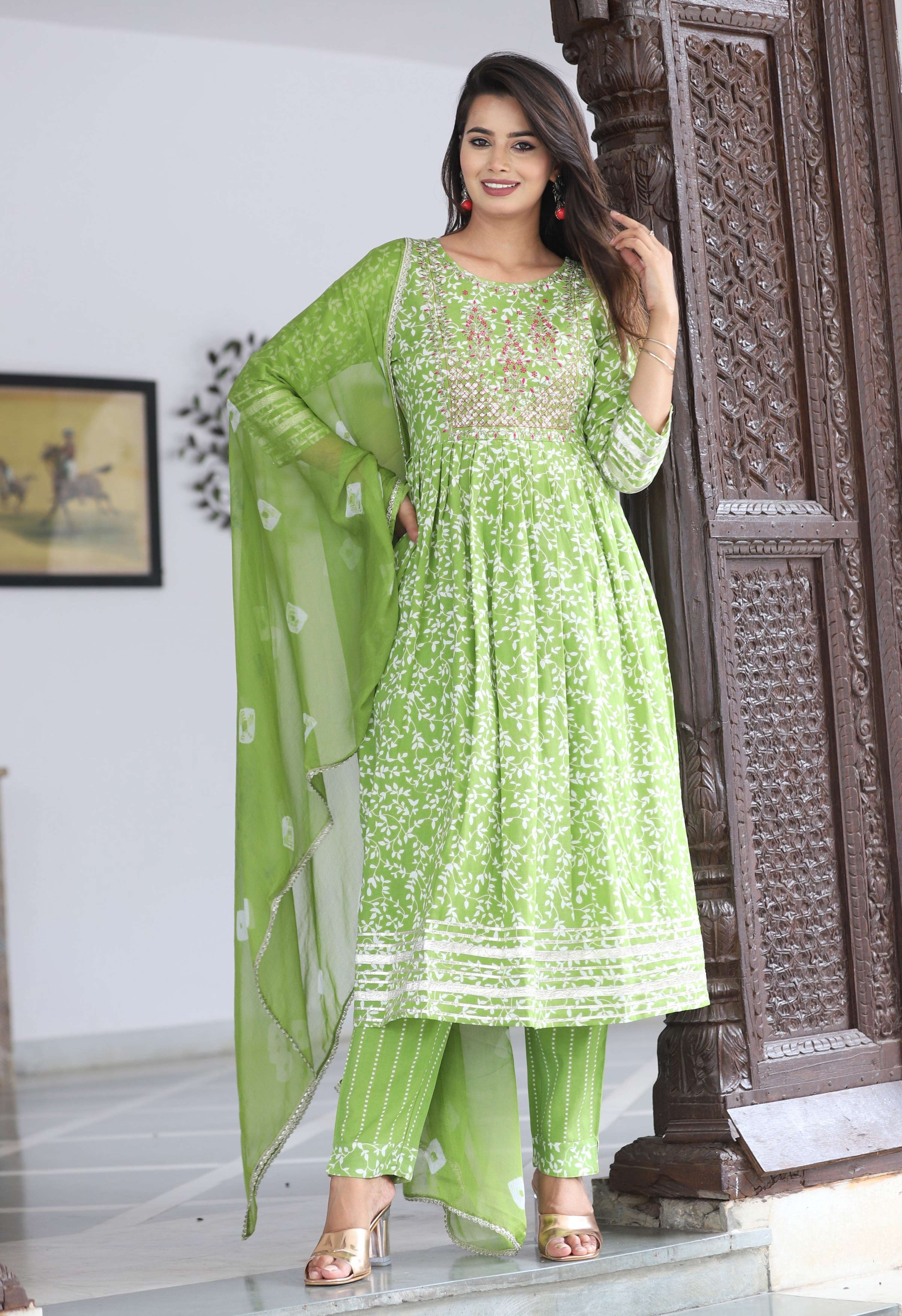 VOJ Women's Mint Rayon Embroidered Kurta Pant & Dupatta Set (Naira Cut)