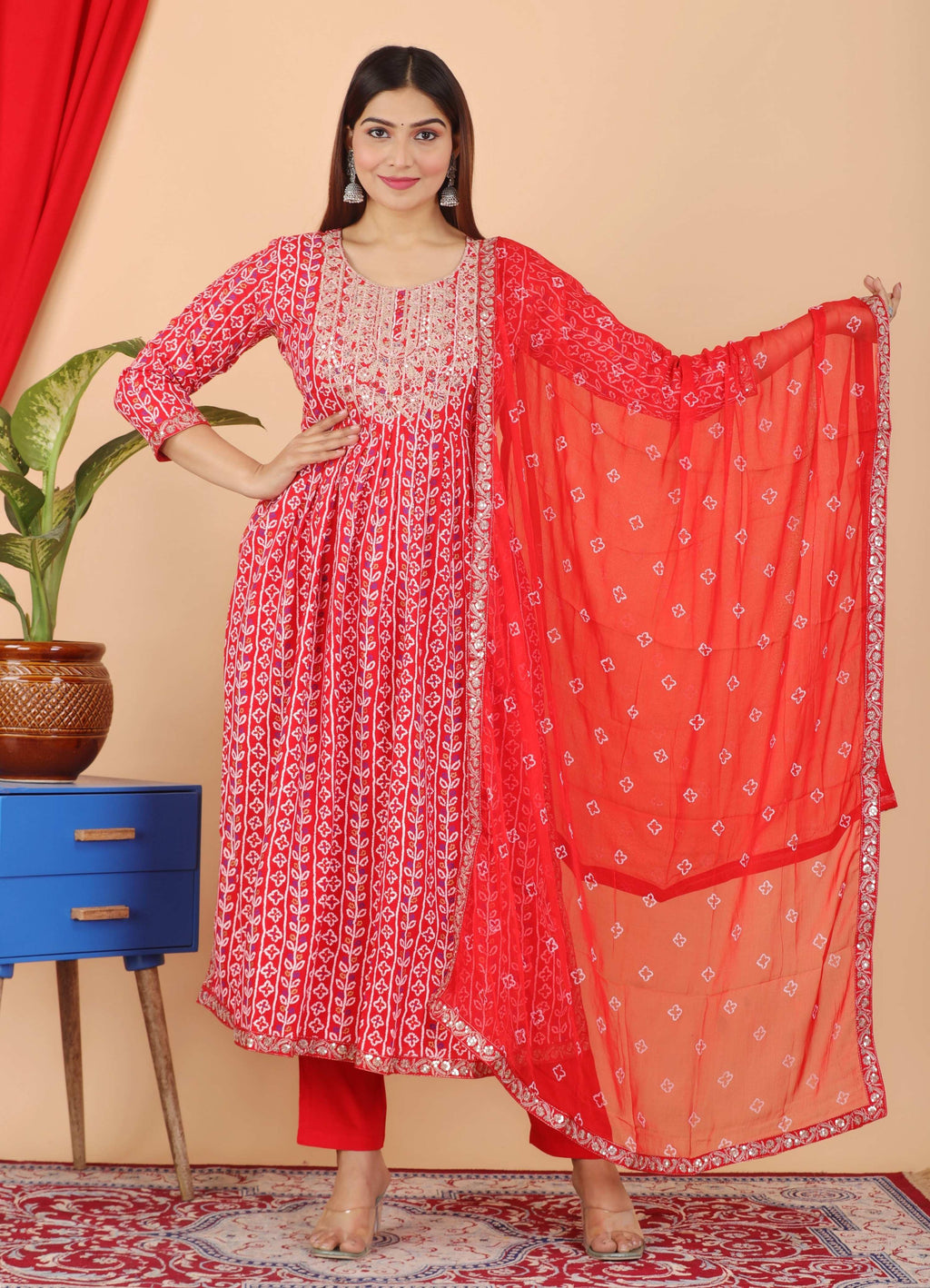 VOJ Women's Red Rayon Embroidered Kurta Pant & Dupatta Set (Naira Cut)