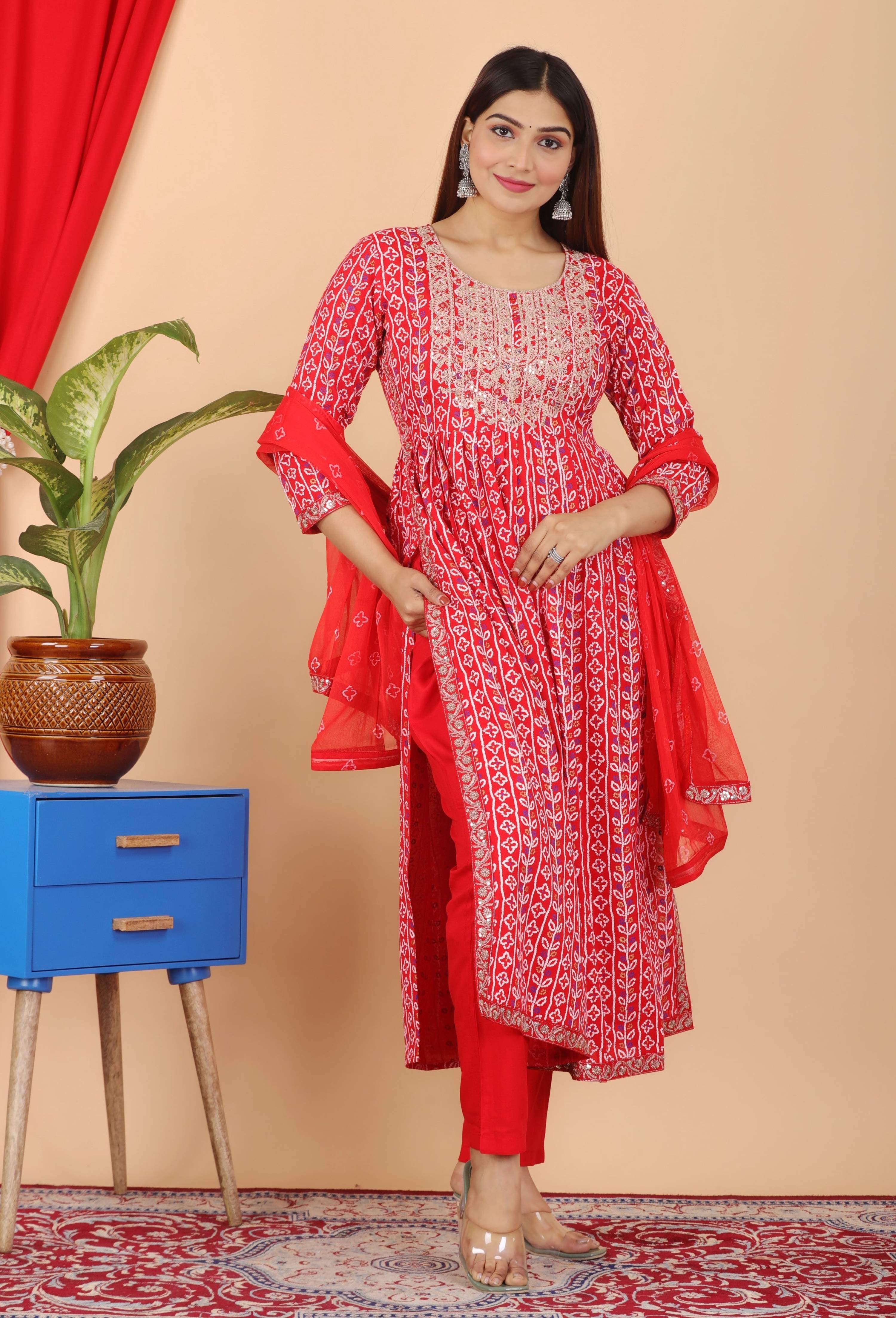 VOJ Women's Red Rayon Embroidered Kurta Pant & Dupatta Set (Naira Cut)