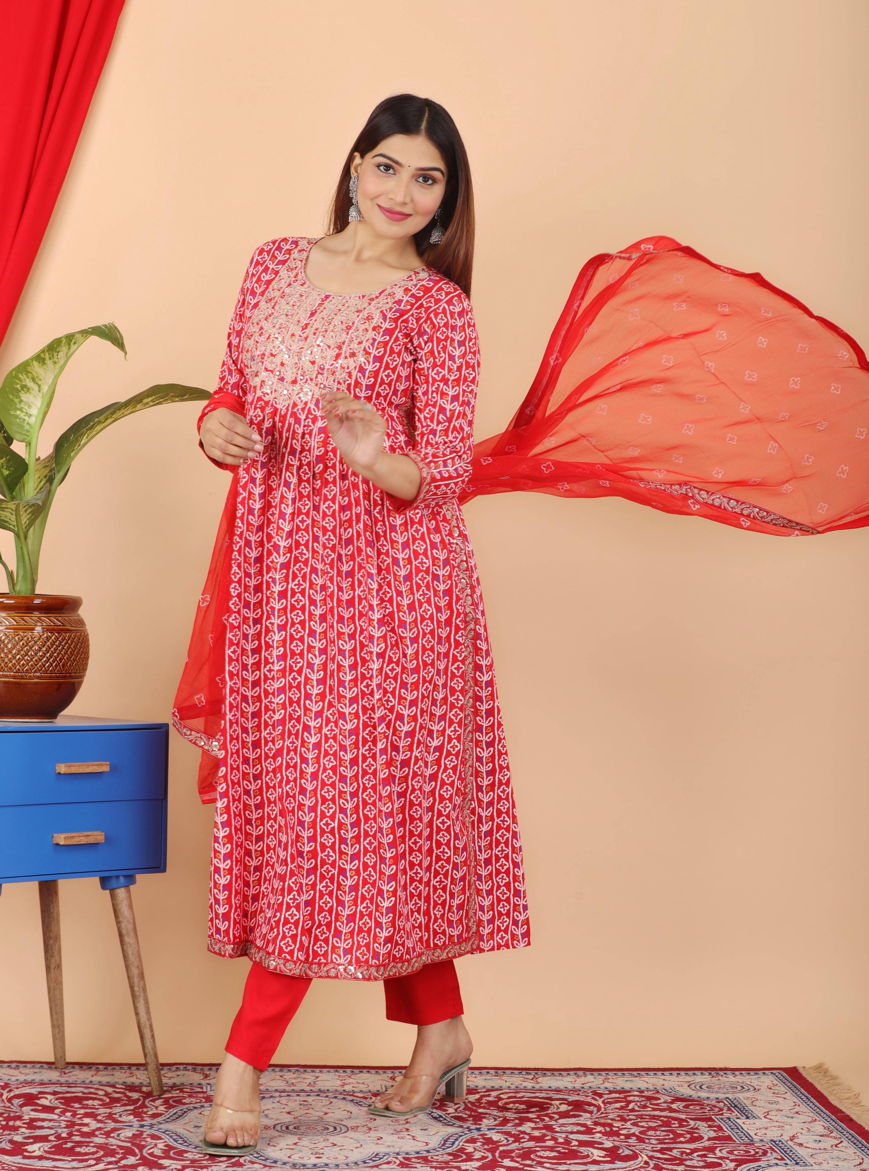 VOJ Women's Red Rayon Embroidered Kurta Pant & Dupatta Set (Naira Cut)