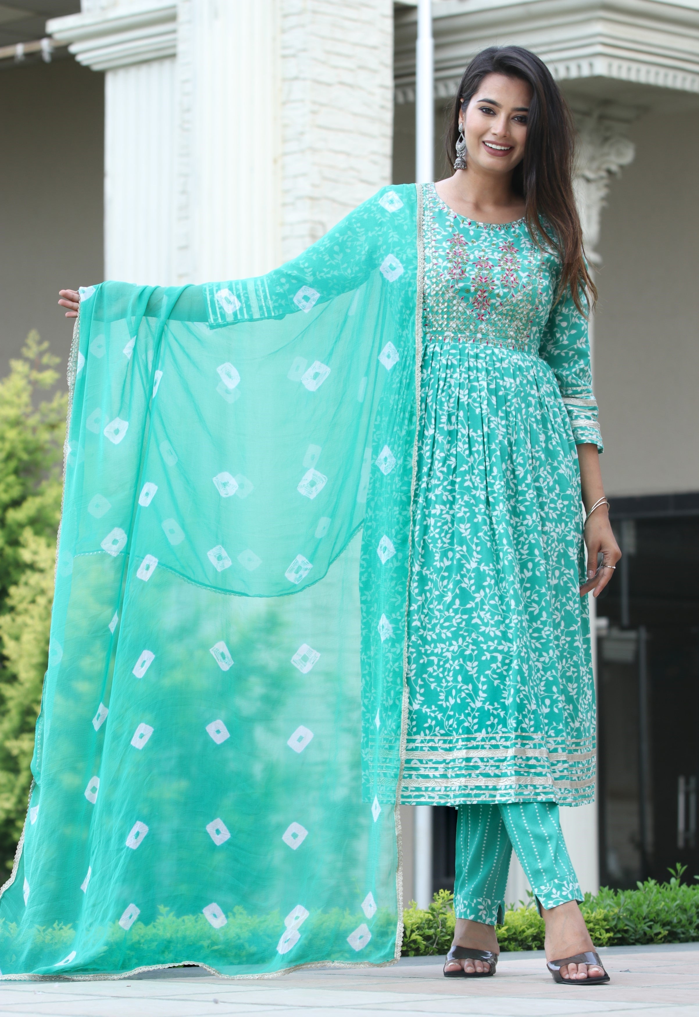 VOJ Women's Sege Green Rayon Embroidered Kurta Pant & Dupatta Set (Naira Cut)