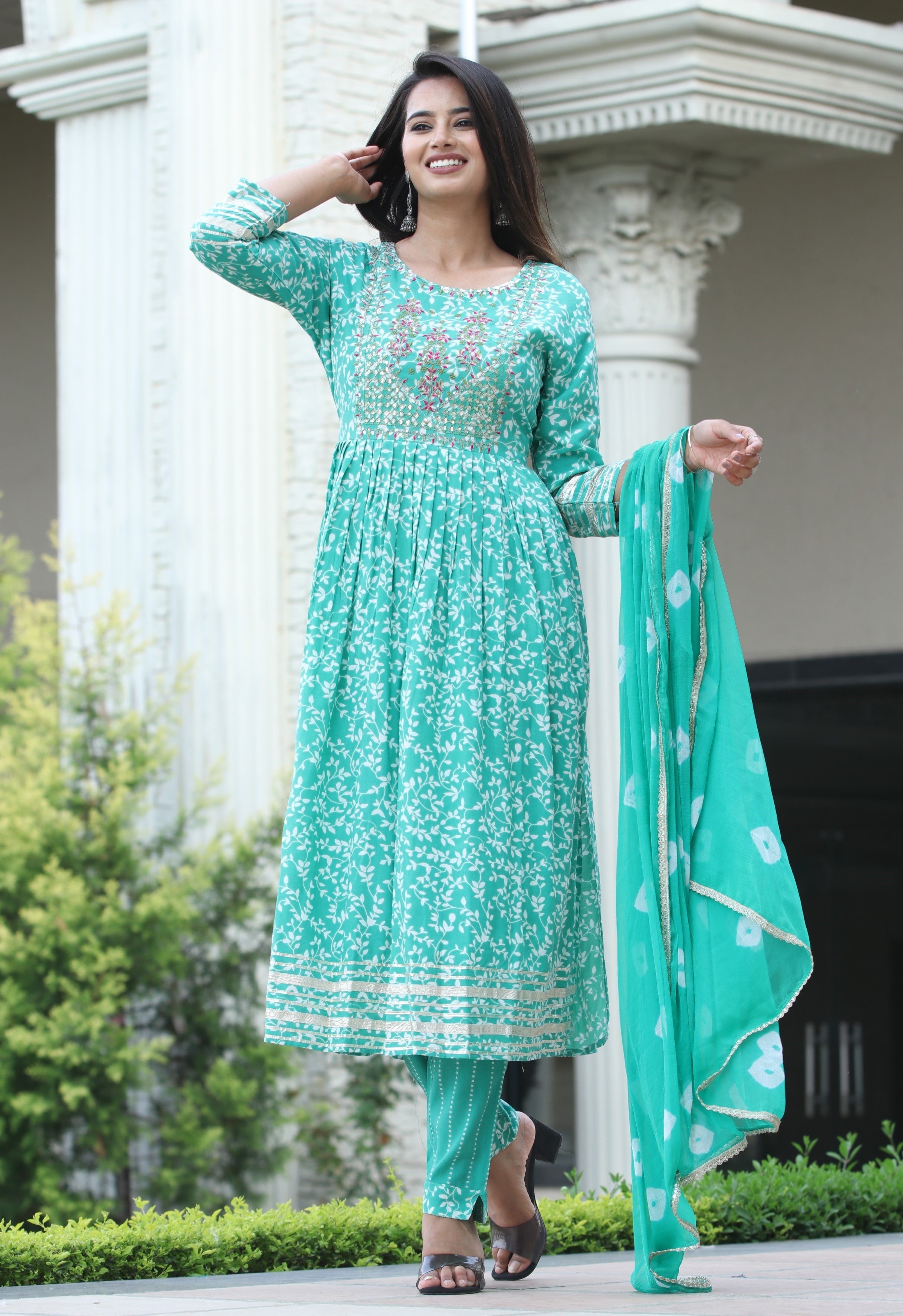 VOJ Women's Sege Green Rayon Embroidered Kurta Pant & Dupatta Set (Naira Cut)