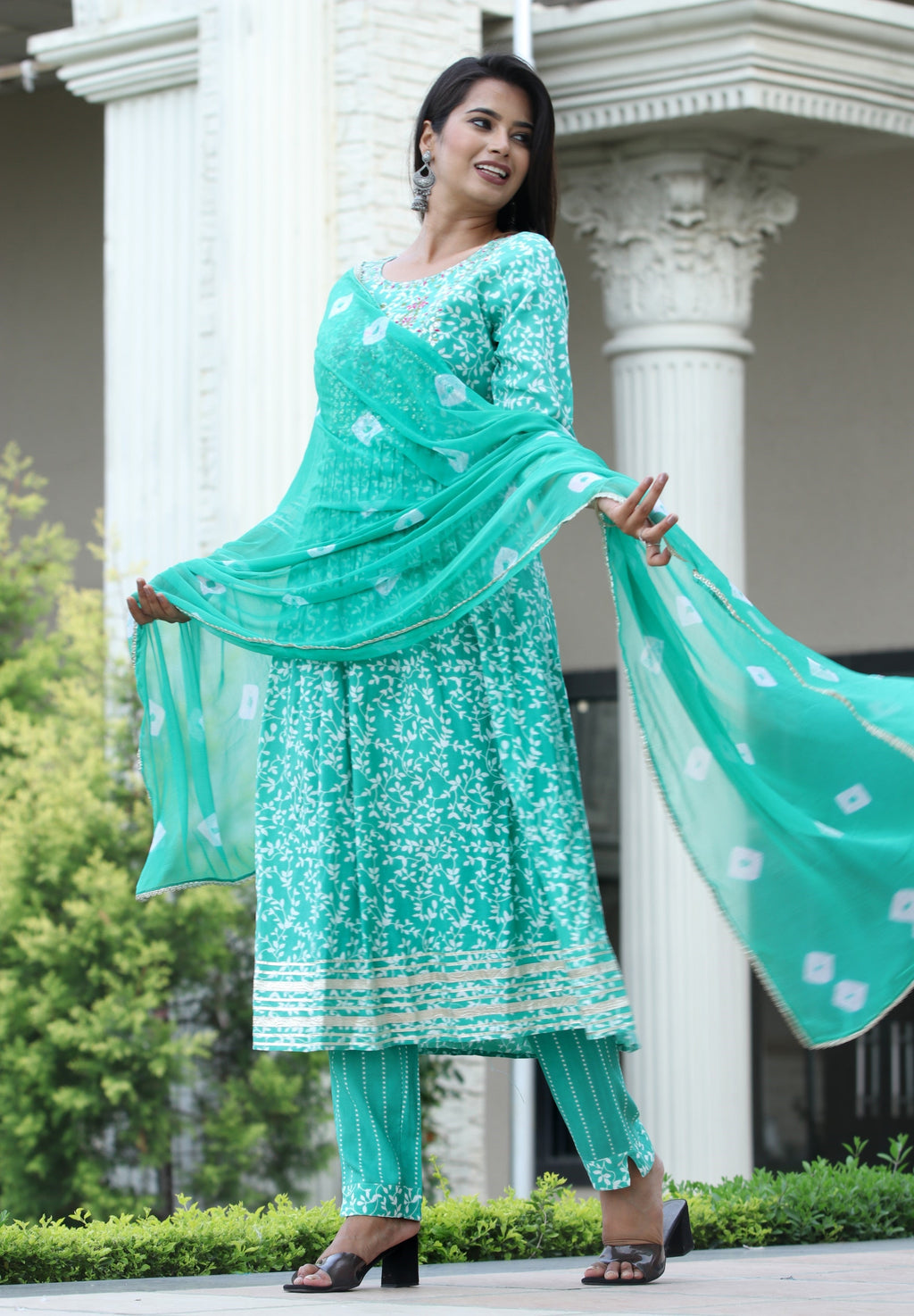 VOJ Women's Sege Green Rayon Embroidered Kurta Pant & Dupatta Set (Naira Cut)