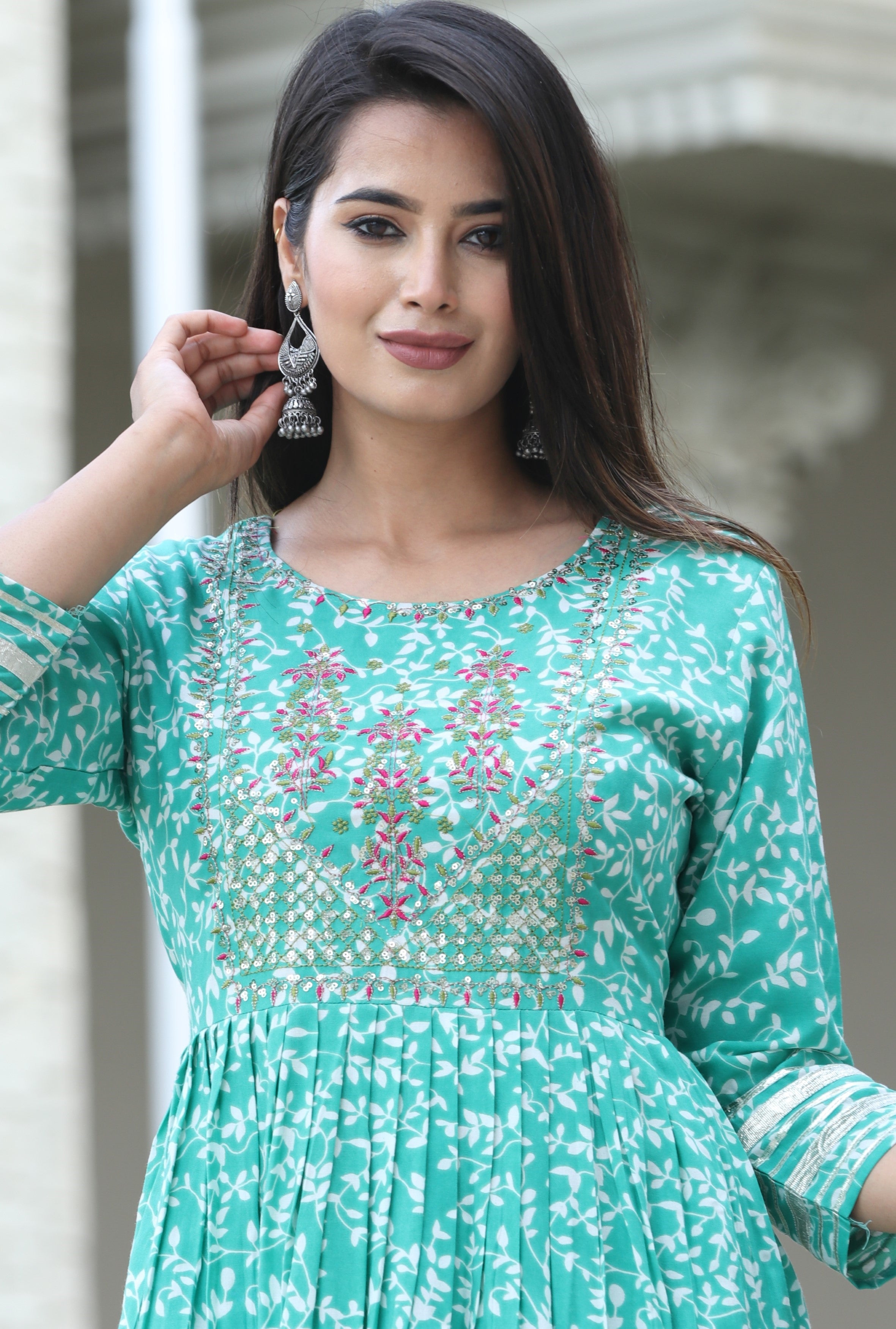 VOJ Women's Sege Green Rayon Embroidered Kurta Pant & Dupatta Set (Naira Cut)