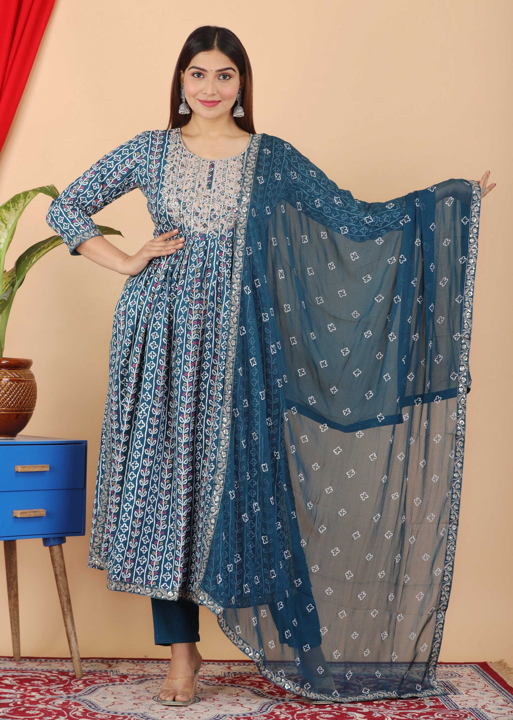 VOJ Women's Turquoise Rayon Embroidered Kurta Pant & Dupatta Set (Naira Cut)