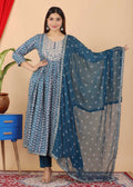 VOJ Women's Turquoise Rayon Embroidered Kurta Pant & Dupatta Set (Naira Cut)