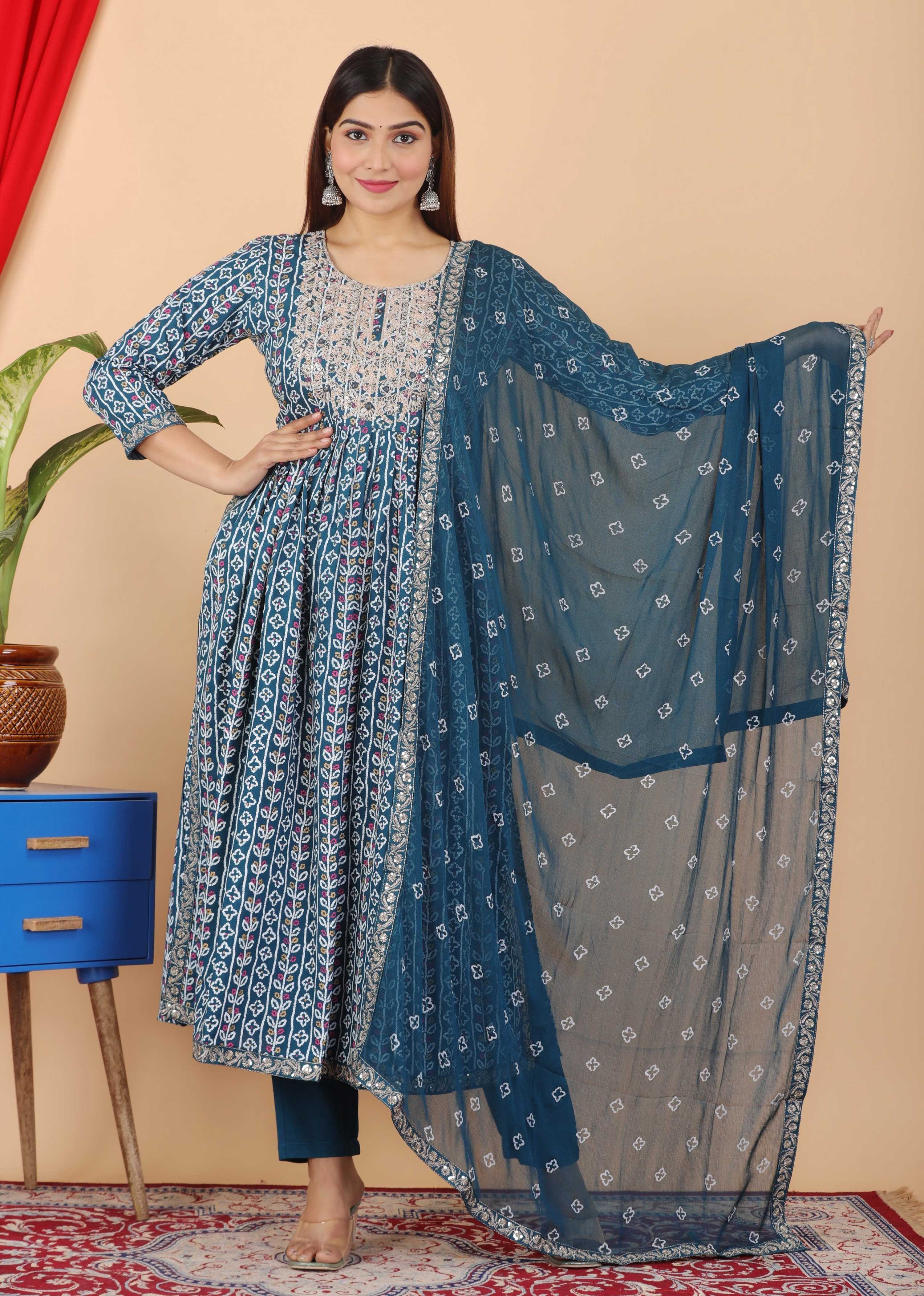 VOJ Women's Turquoise Rayon Embroidered Kurta Pant & Dupatta Set (Naira Cut)