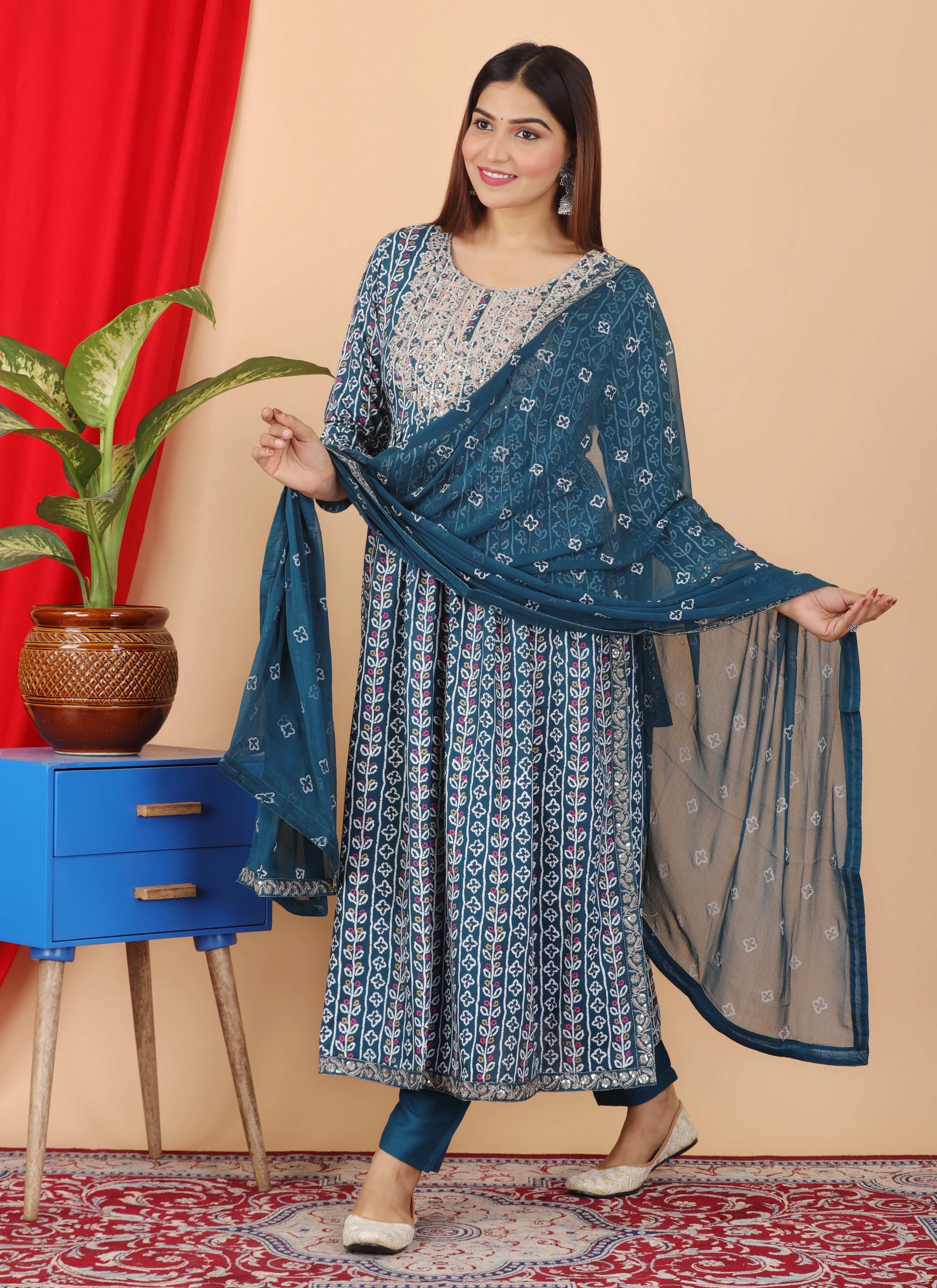 VOJ Women's Turquoise Rayon Embroidered Kurta Pant & Dupatta Set (Naira Cut)