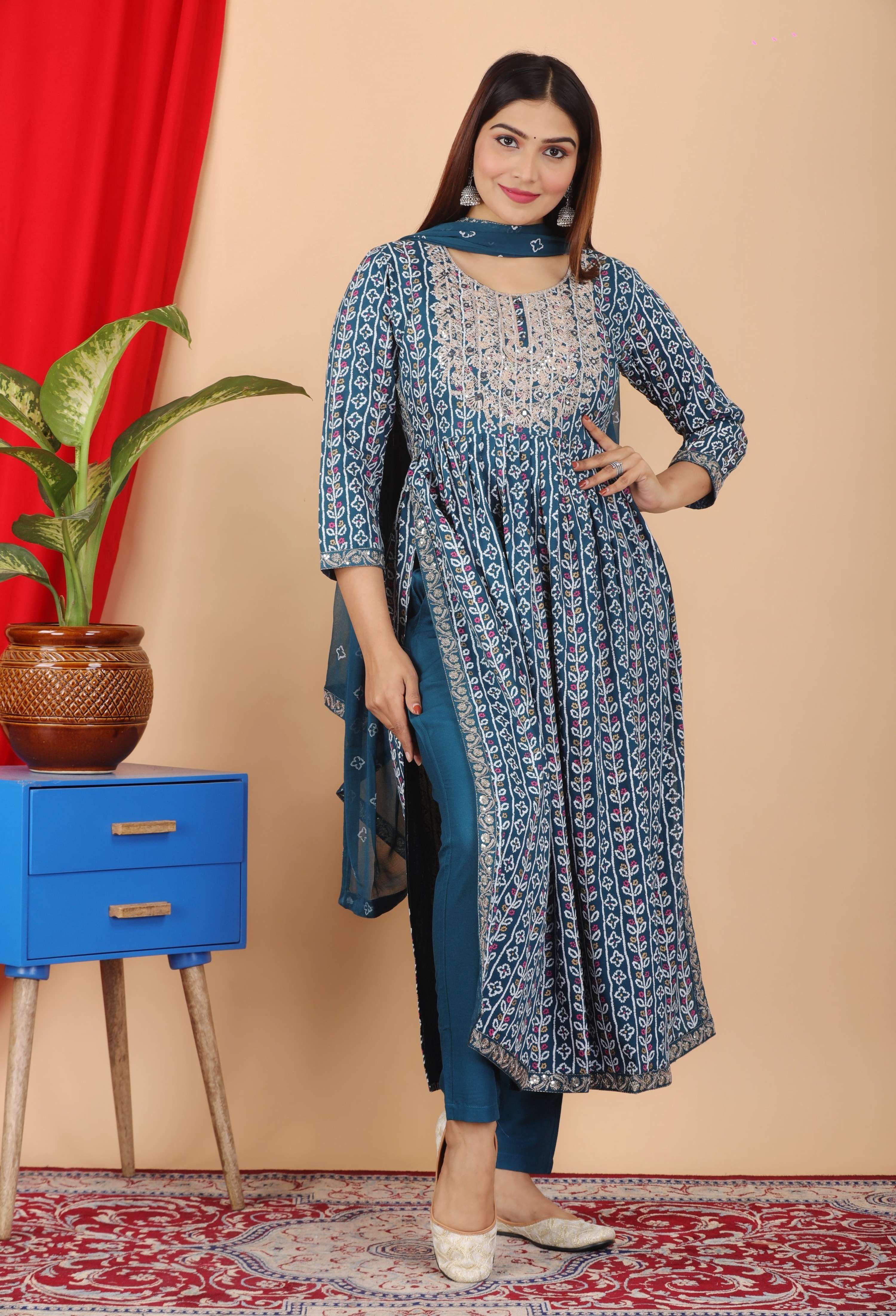 VOJ Women's Turquoise Rayon Embroidered Kurta Pant & Dupatta Set (Naira Cut)