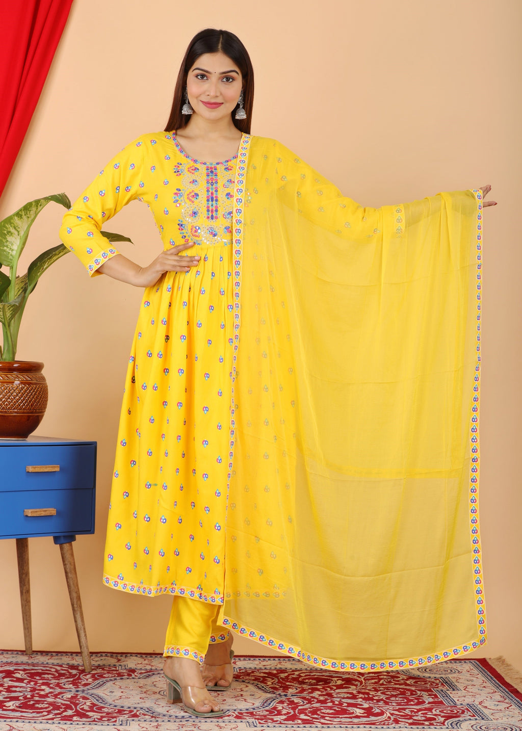 VOJ Women's Yellow Rayon Embroidered Kurta Pant & Dupatta Set (Naira Cut)