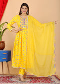 VOJ Women's Yellow Rayon Embroidered Kurta Pant & Dupatta Set (Naira Cut)