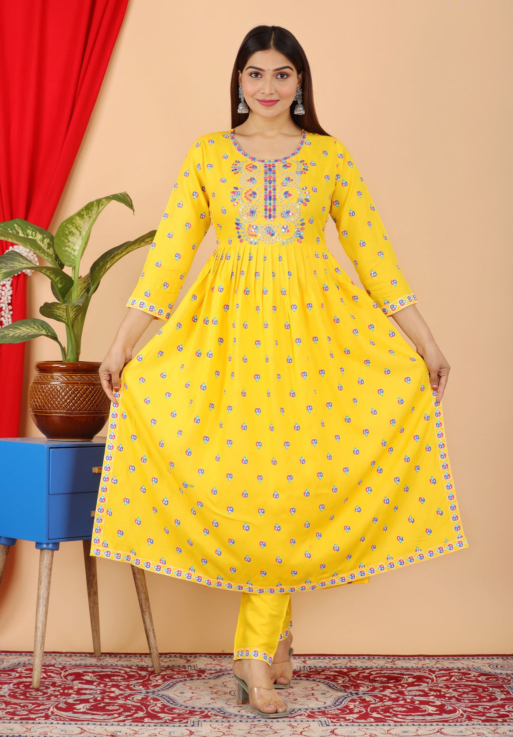 VOJ Women's Yellow Rayon Embroidered Kurta Pant & Dupatta Set (Naira Cut)