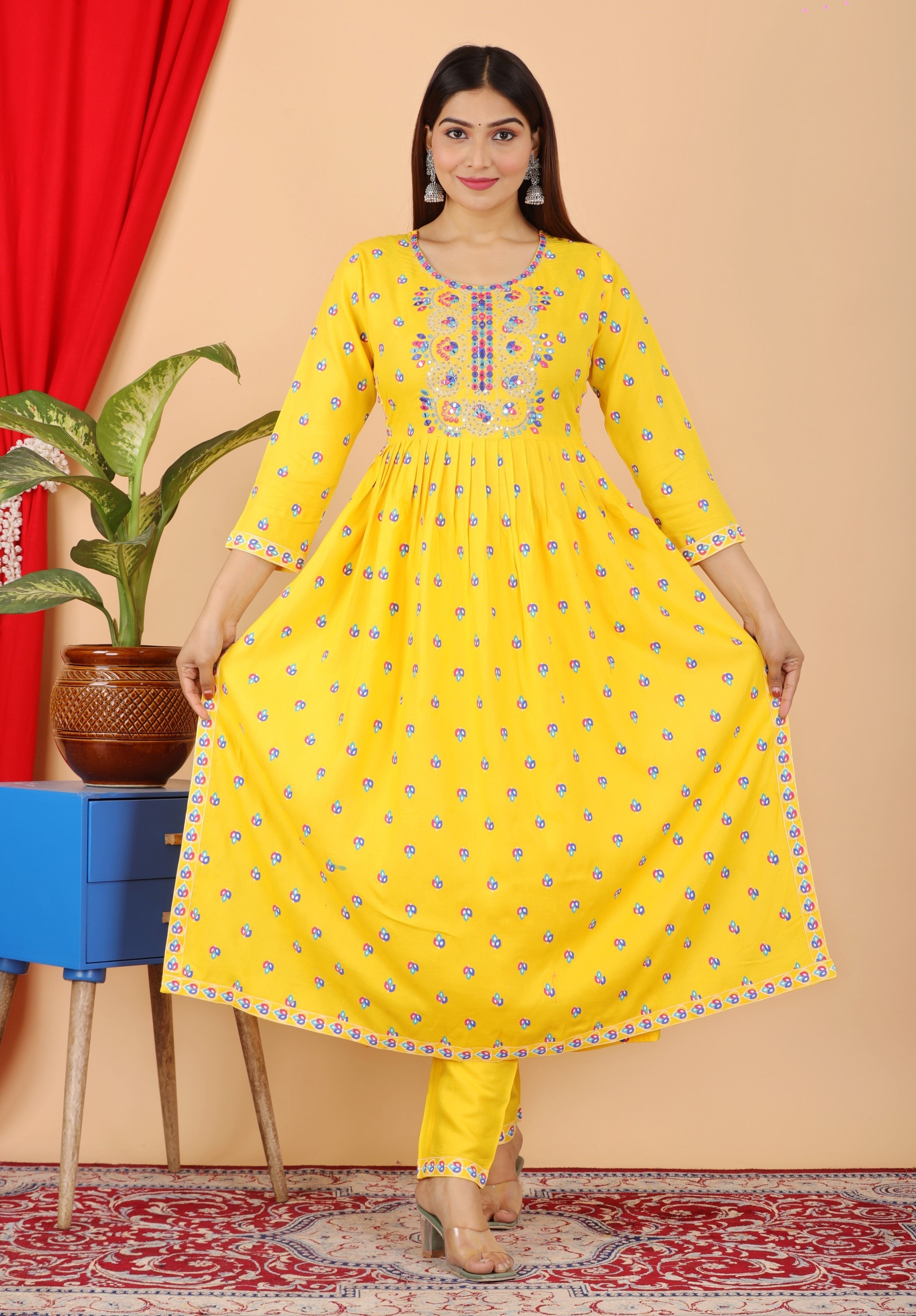 VOJ Women's Yellow Rayon Embroidered Kurta Pant & Dupatta Set (Naira Cut)