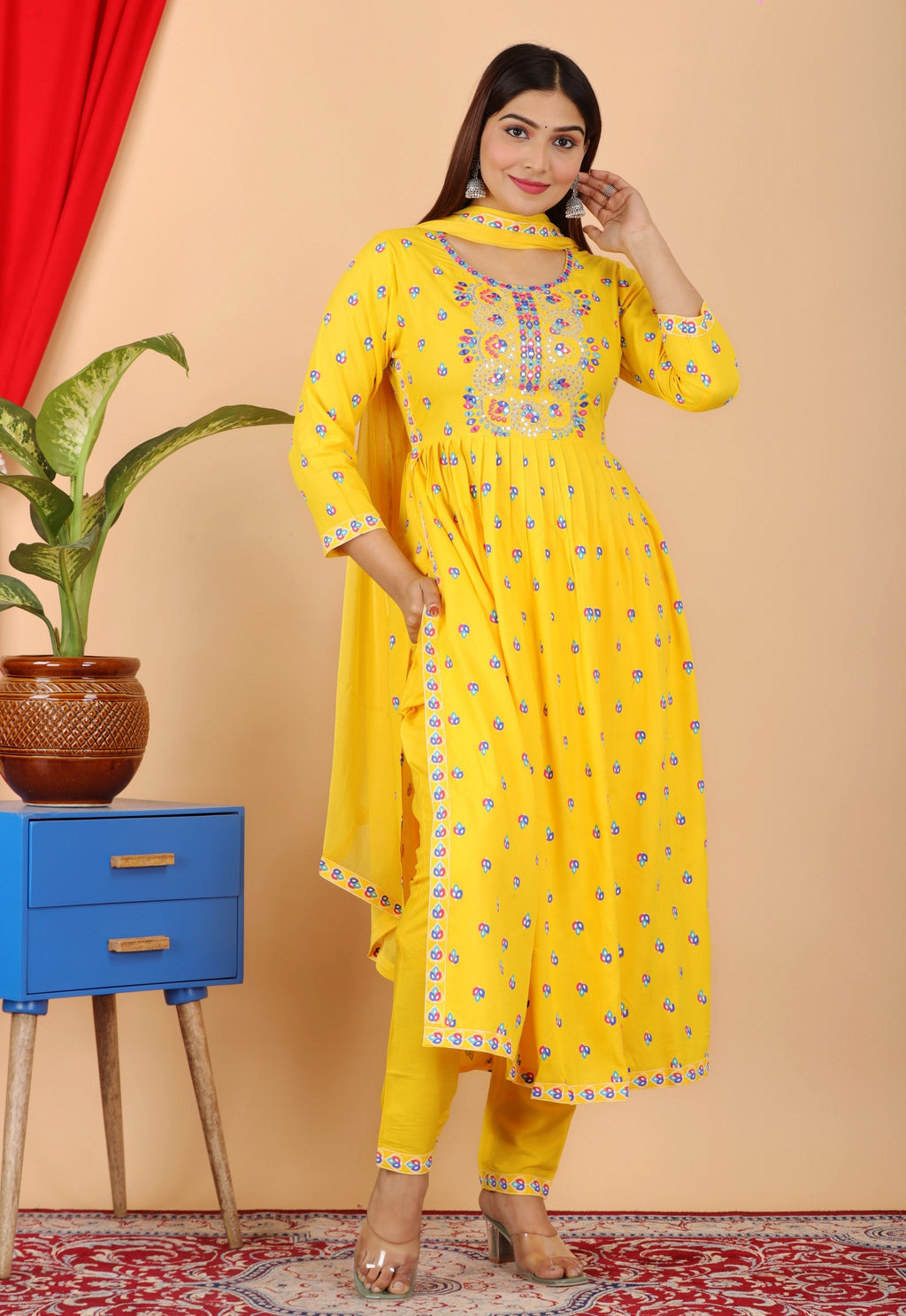 VOJ Women's Yellow Rayon Embroidered Kurta Pant & Dupatta Set (Naira Cut)
