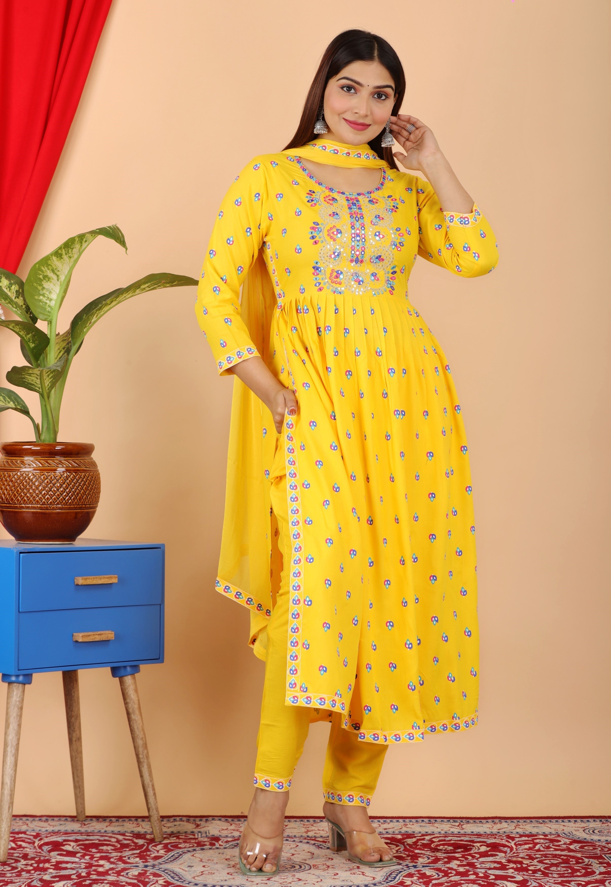 VOJ Women's Yellow Rayon Embroidered Kurta Pant & Dupatta Set (Naira Cut)