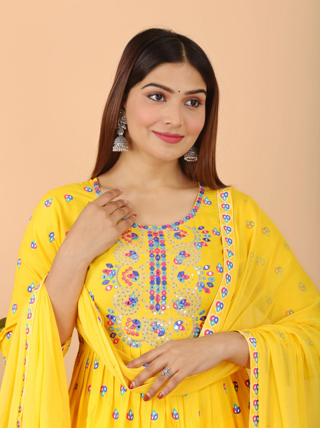 VOJ Women's Yellow Rayon Embroidered Kurta Pant & Dupatta Set (Naira Cut)