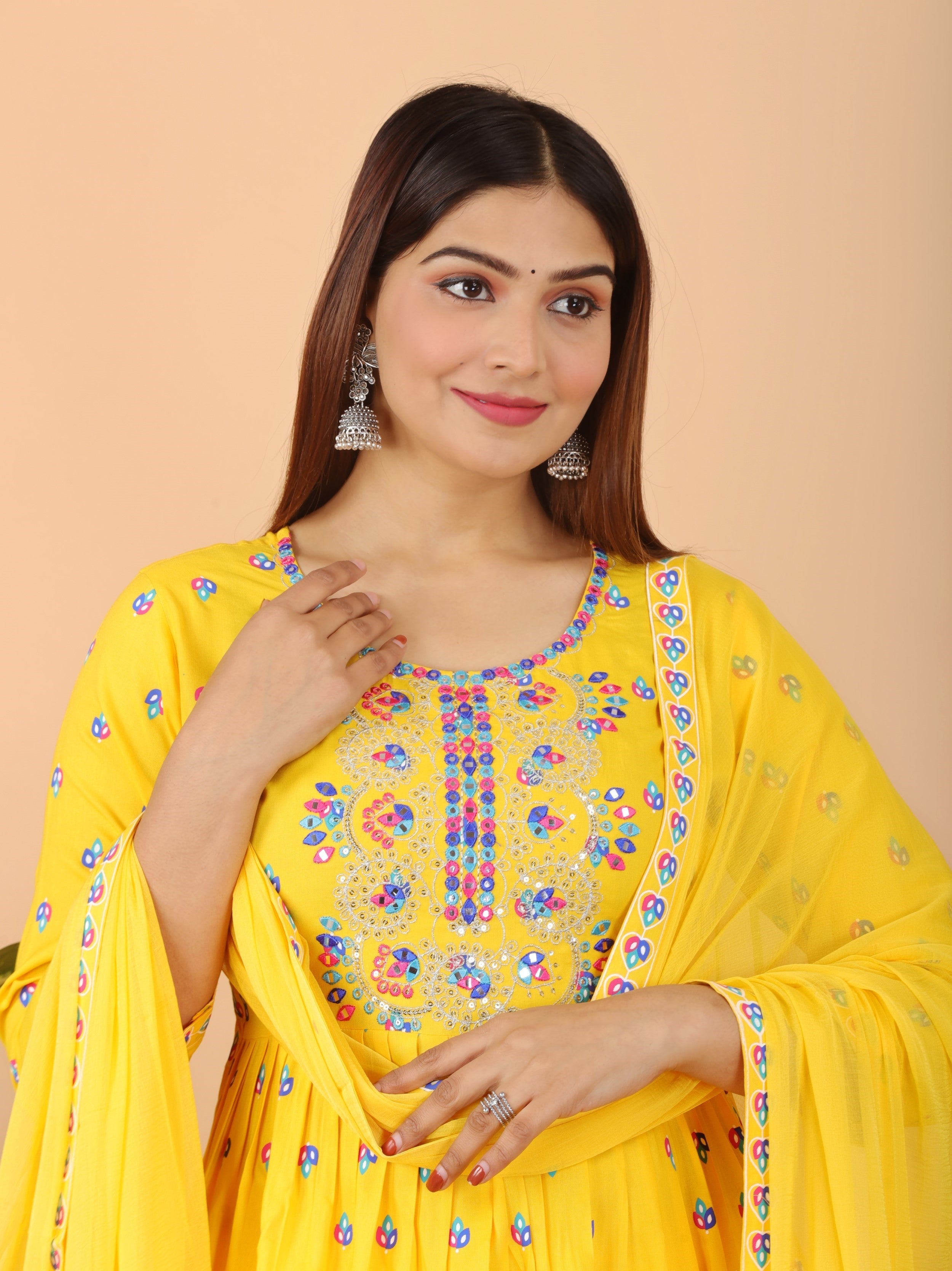 VOJ Women's Yellow Rayon Embroidered Kurta Pant & Dupatta Set (Naira Cut)