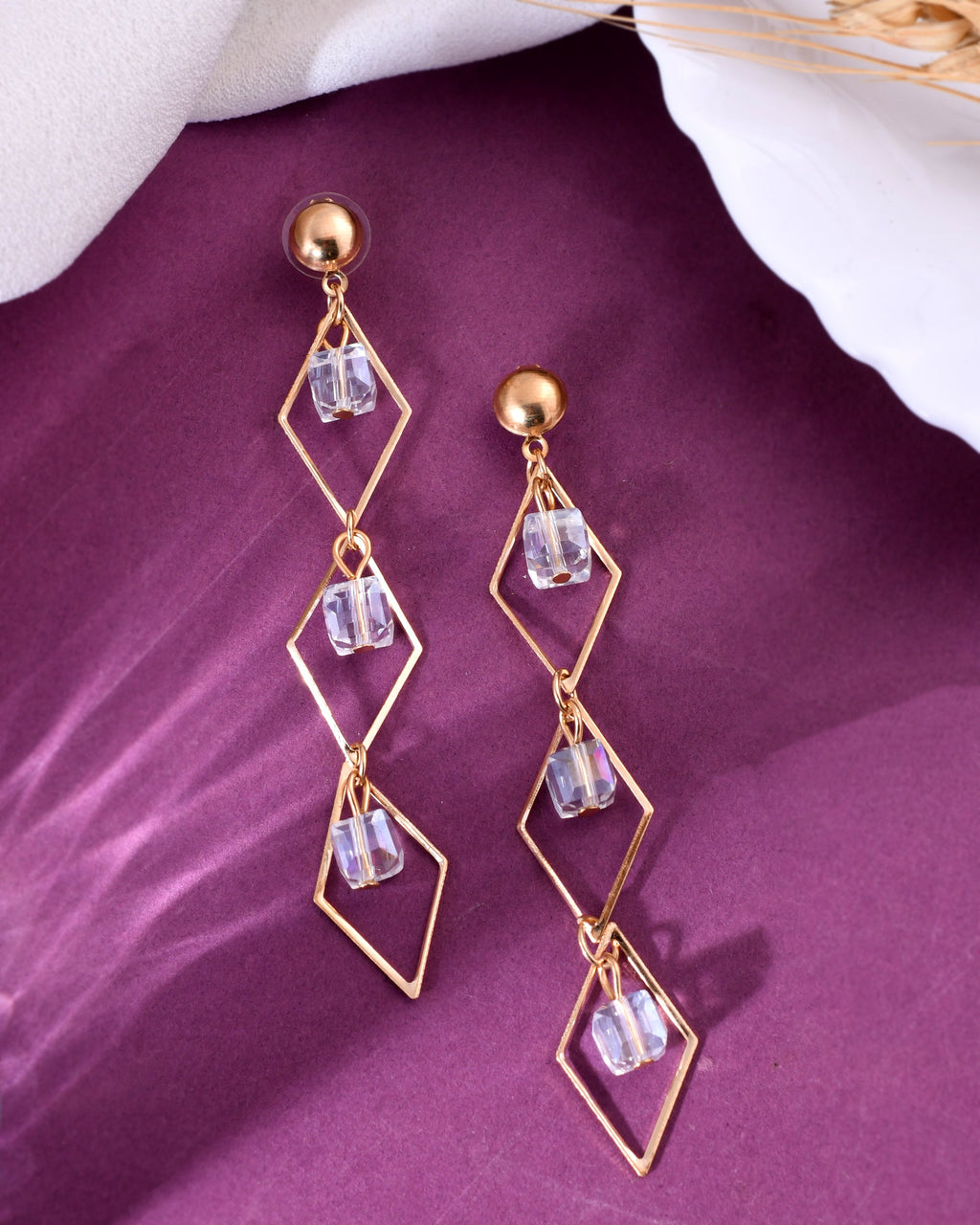 VOJ Women Gold-Polished Flower Beads Drop Studs Earrings