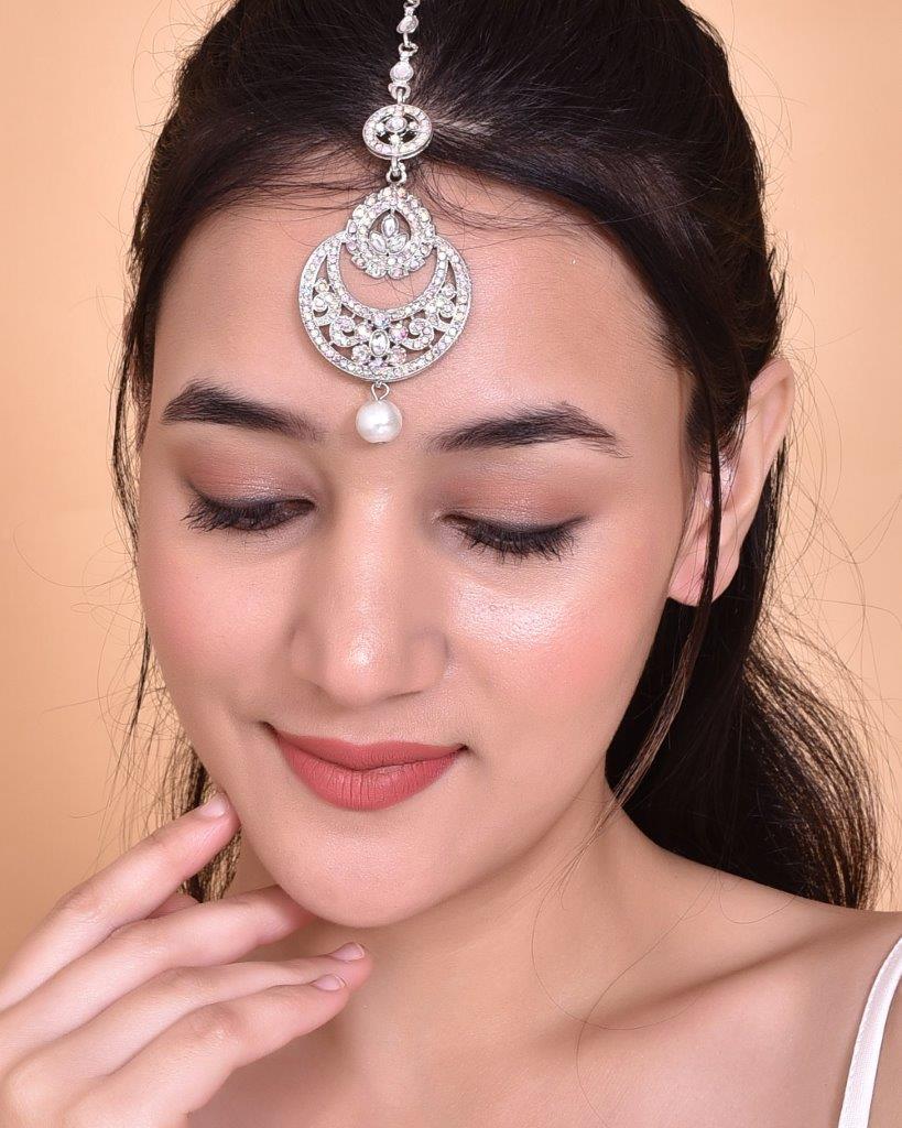 VOJ Silver Plated White AD-Studded Handcrafted Maang Tikka