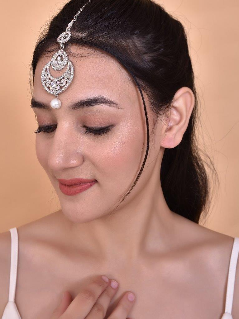 VOJ Silver Plated White AD-Studded Handcrafted Maang Tikka
