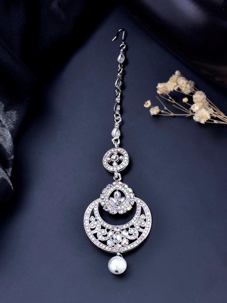 VOJ Silver Plated White AD-Studded Handcrafted Maang Tikka