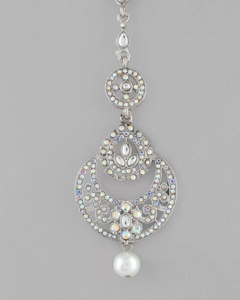 VOJ Silver Plated White AD-Studded Handcrafted Maang Tikka