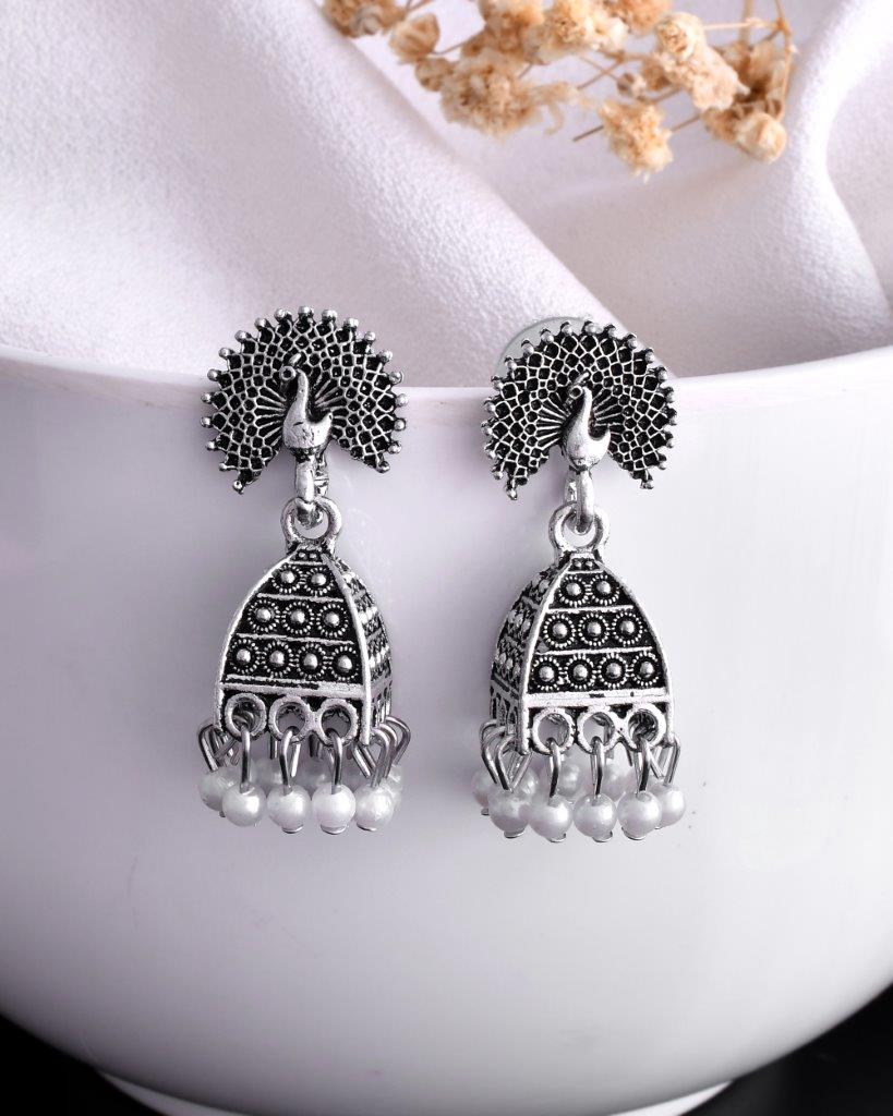 VOJ White Beads Studded Oxidised Silver Plated Contemporary Jhumka